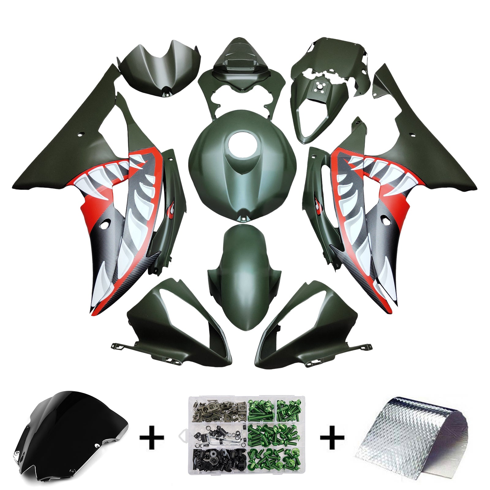 Amotopart 2008-2016 Yamaha YZF-R6 Black Green & Carbon Fiber Pattern Fairing Kit