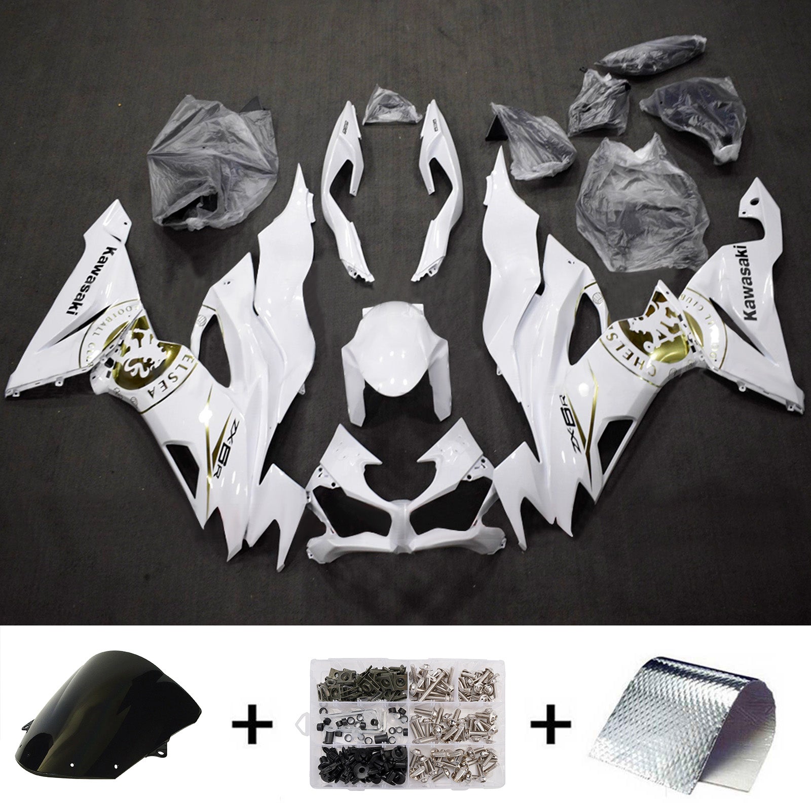 Amotopart 2019-2023 Kawasaki ZX6R White Gold Fairing Kit