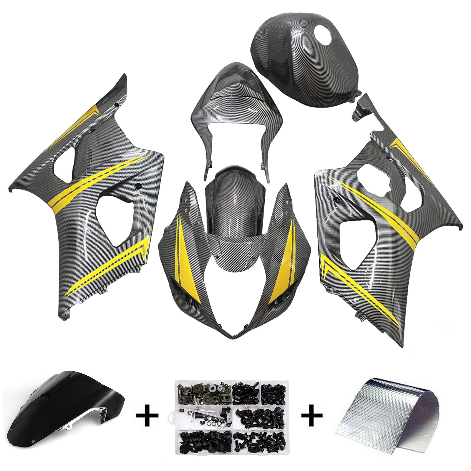 Amotopart 2003-2004 Suzuki GSXR1000 Carbon Fiber Pattern & Yellow Lines Fairing Kit