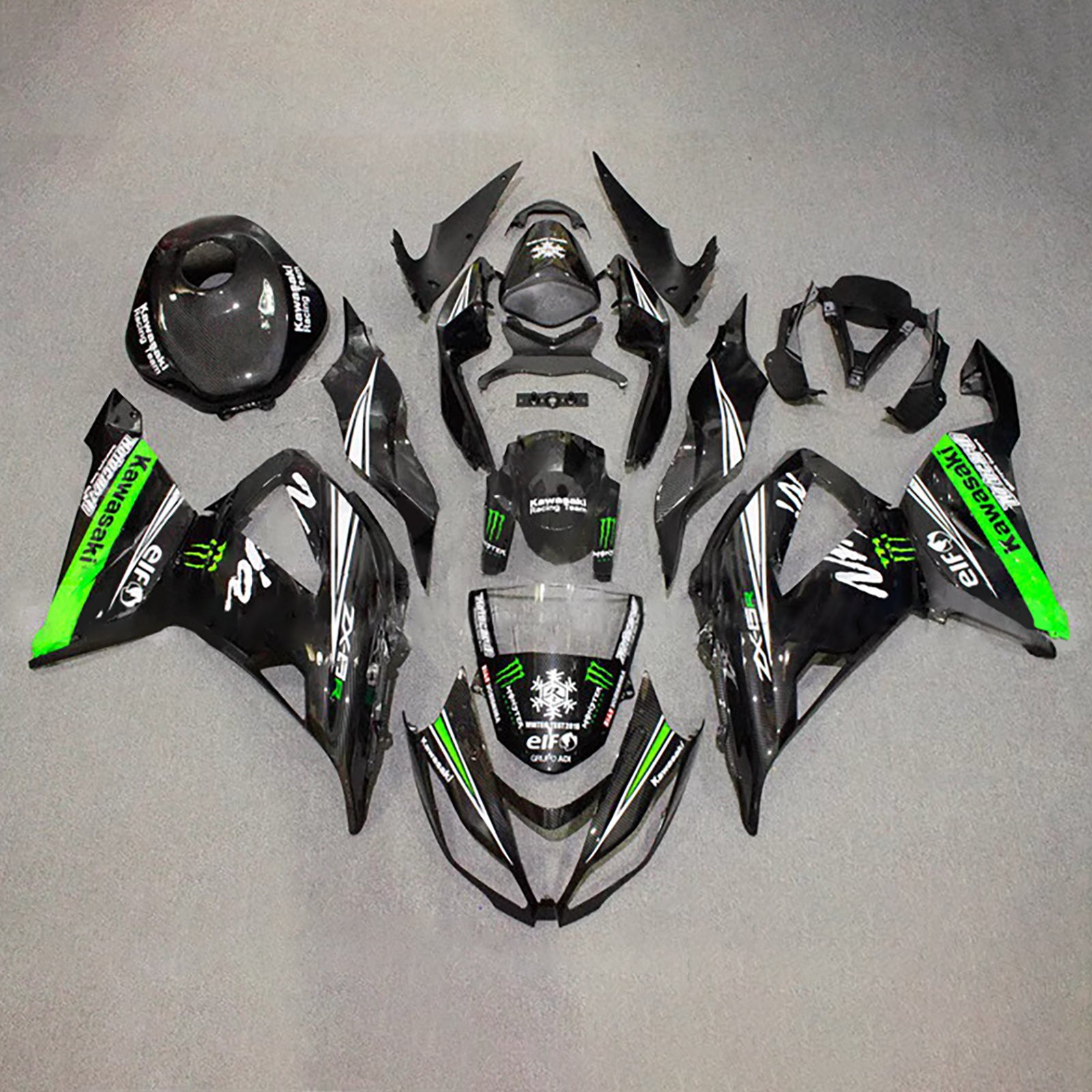Amotopart 2013-2018 Kawasaki ZX6R 636 Green Black Carbon Fiber Pattern Fairing Kit