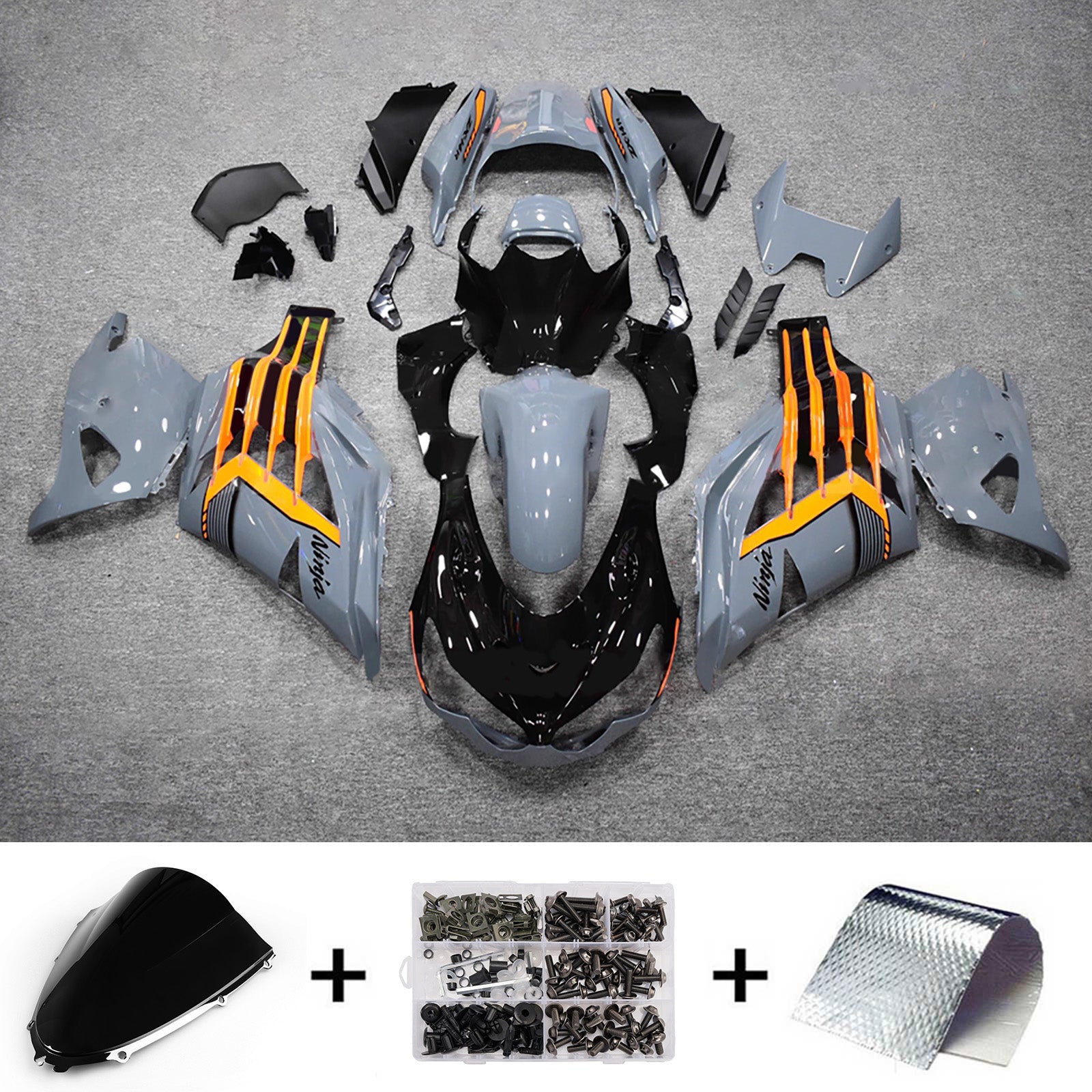 Amotopart 2012-2025 Kawasaki ZX14R ZZR1400 Glossy Grey Orange Fairing Kit