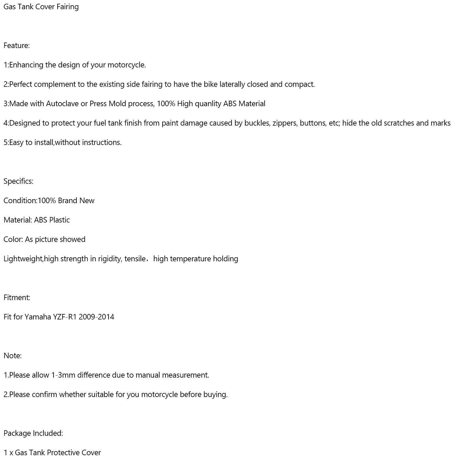 Protector de carenado del Panel de la cubierta del tanque de gasolina para Yamaha YZF-R1 2009-2014 carbono