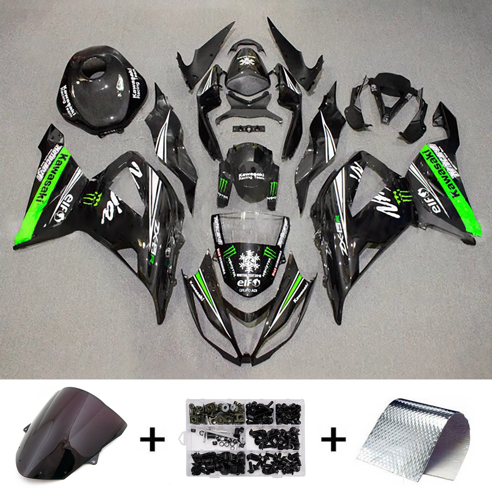 Amotopart 2013-2018 Kawasaki ZX6R 636 Green Black Carbon Fiber Pattern Fairing Kit