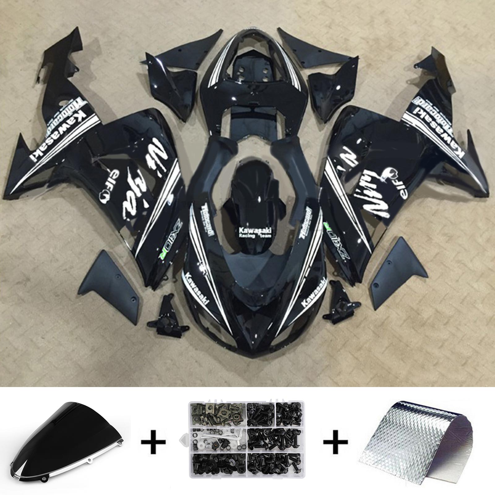 Amotopart 2006-2007 Kawasaki ZX10R Black With White Logo Fairing Kit