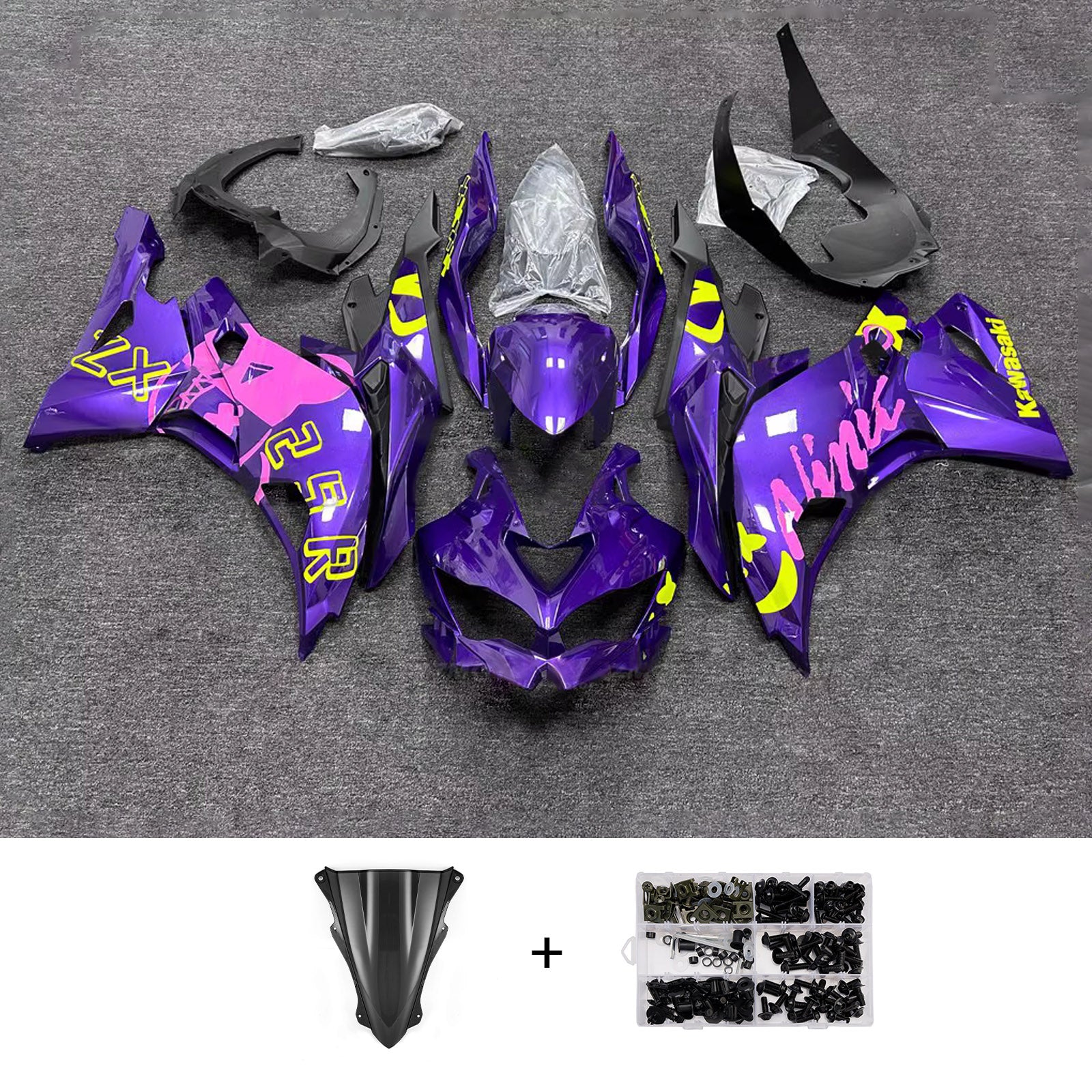 Amotopart 2019-2022 Kawasaki Ninja ZX-25R 2023-2025 Kawasaki Ninja ZX-4R/ZX-4RR Purple Pink Yellow Fairing Kit