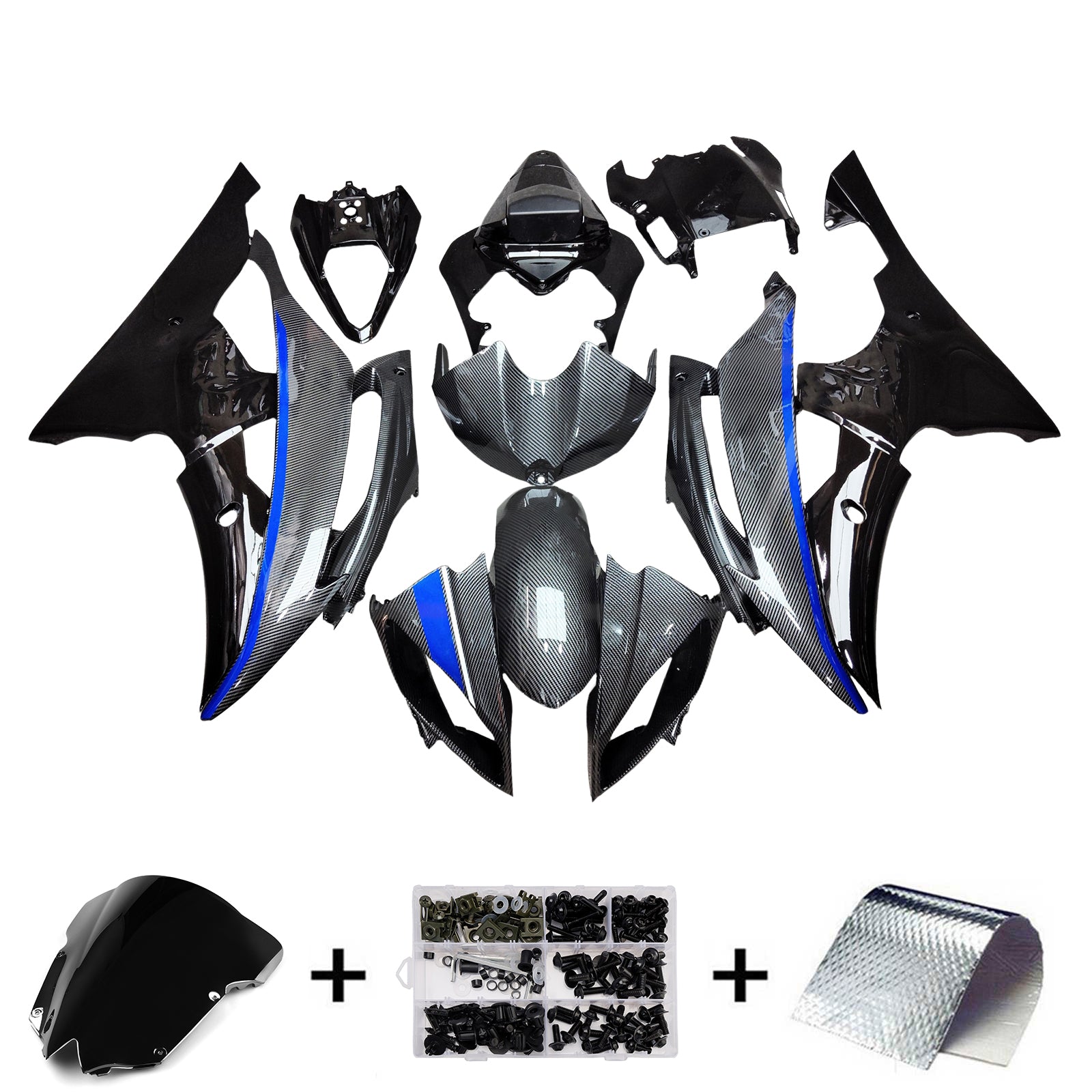 Amotopart 2008-2016 Yamaha YZF-R6 Blue & Black Carbon Fiber Pattern Fairing Kit