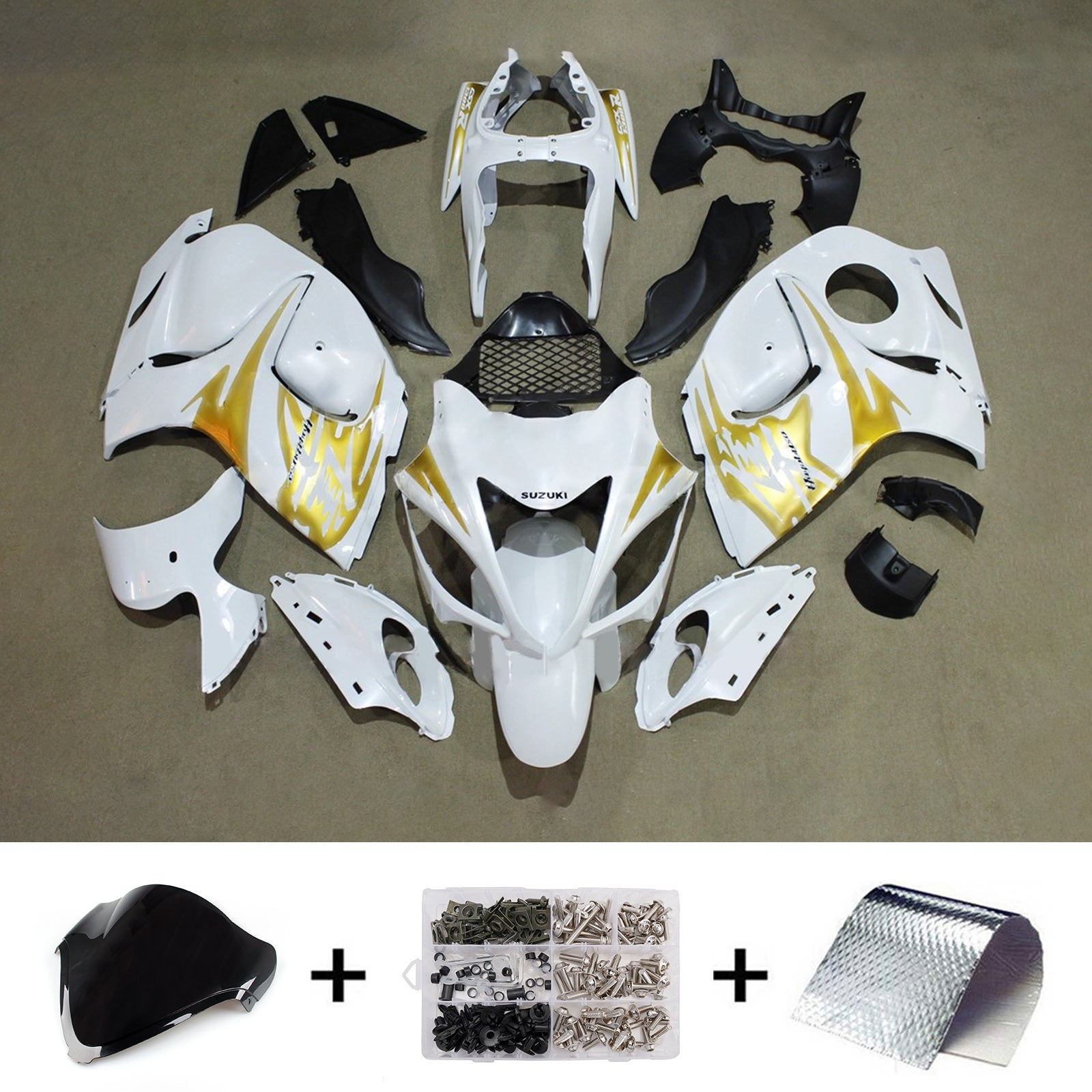 Amotopart 2008-2020 Suzuki Hayabusa GSX1300R White Gold Fairing Kit