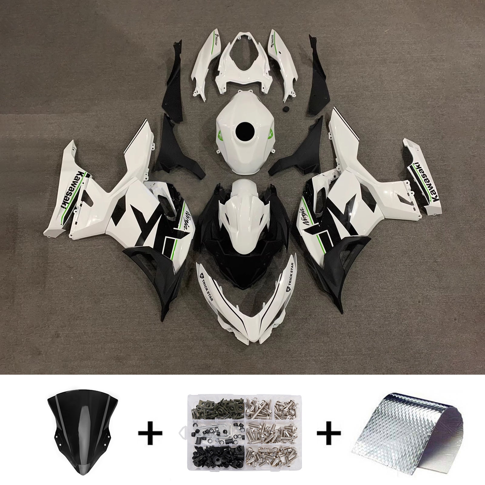 Amotopart 2018-2024 Kawasaki EX400/Ninja400 White Black Fairing Kit