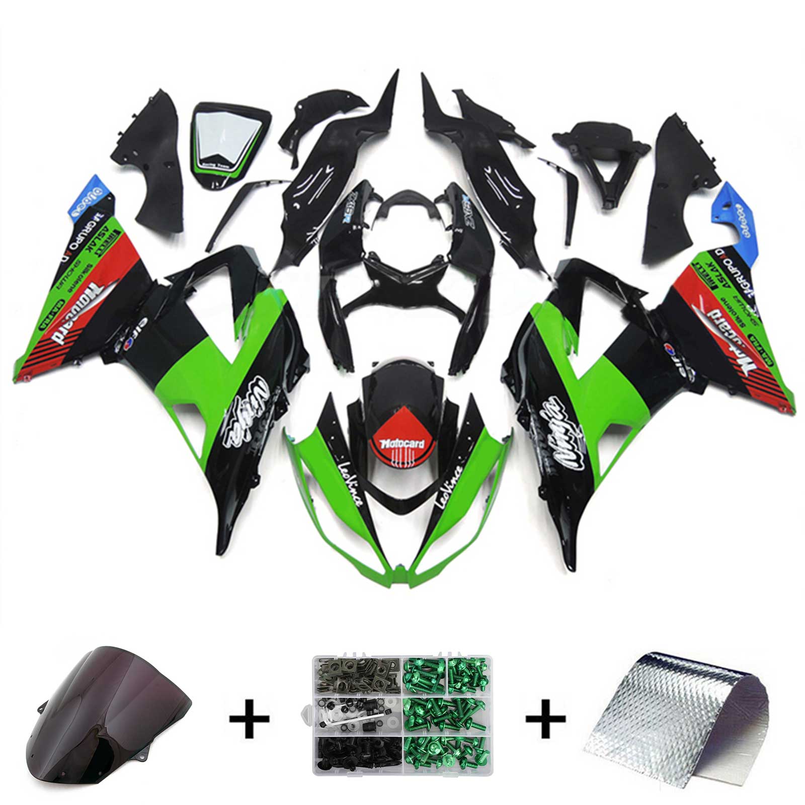 Amotopart Kawasaki ZX6R 636 2013-2018 Grün&Schwarzes Style7-Verkleidungskit