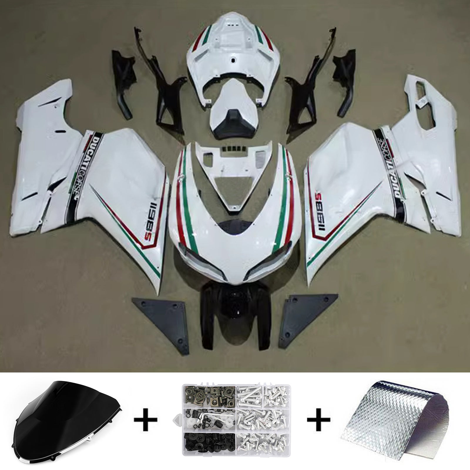 Amotopart All Years Ducati 1098/1198/848 Glssy White Red Green Fairing Kit