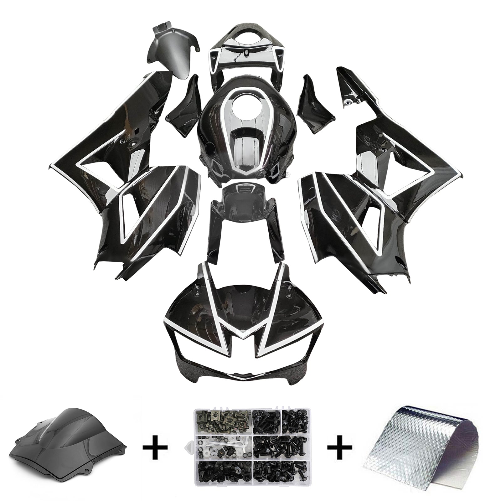 Amotopart 13-25 version américaine & Kit de carénage noir brillant avec lignes blanches pour Honda CBR600RR (version européenne 2013-2023)