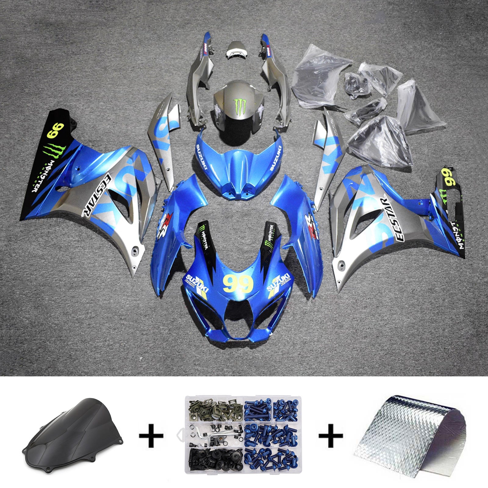 Amotopart 2017-2025 Suzuki GSXR1000 Blue Silver Black Fairing Kit