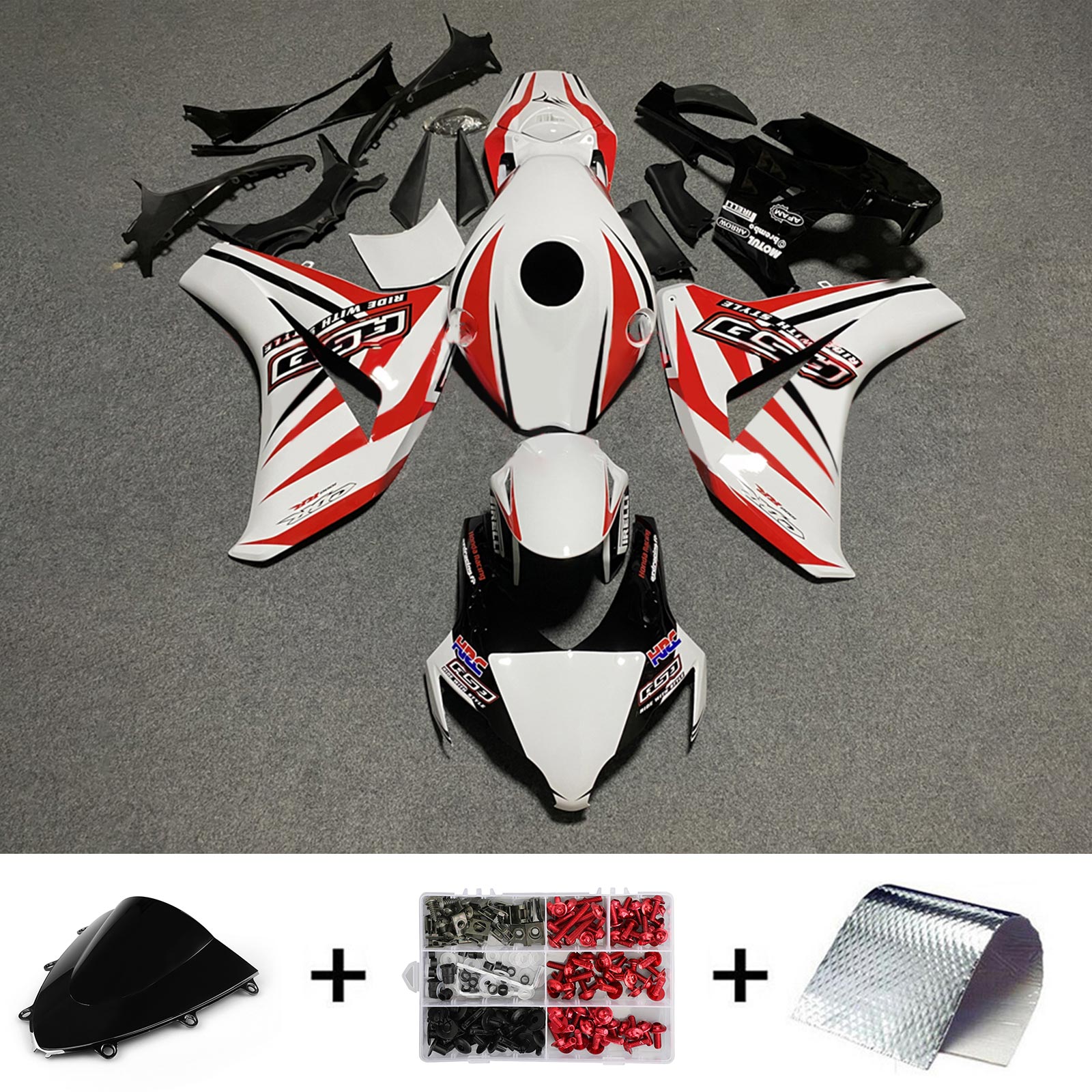 Amotopart Honda CBR1000RR 2008-2011 Blanc&Kit de carénage à rayures rouges avec logo Style3