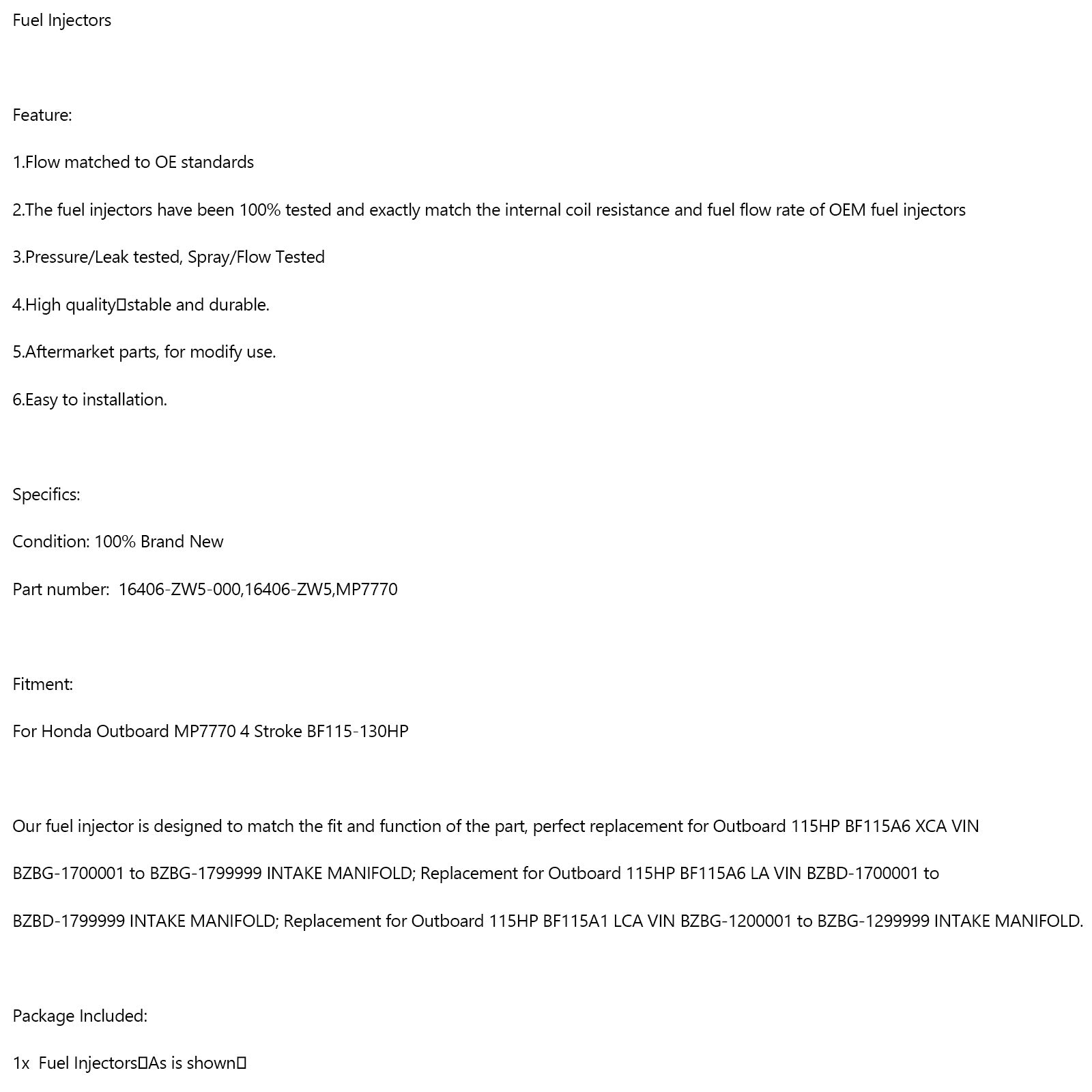 16406-ZW5-000 Fuel Injectors For Honda Outboard MP7770 4 Stroke BF115-130HP