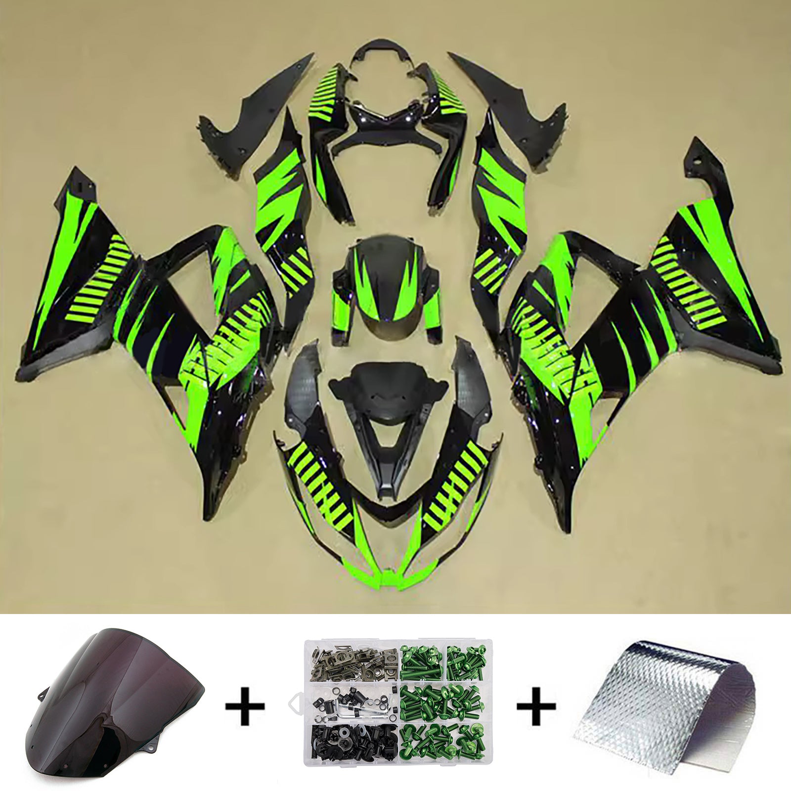 Amotopart 2013-2018 Kawasaki ZX6R 636 Black Green Fairing Kit