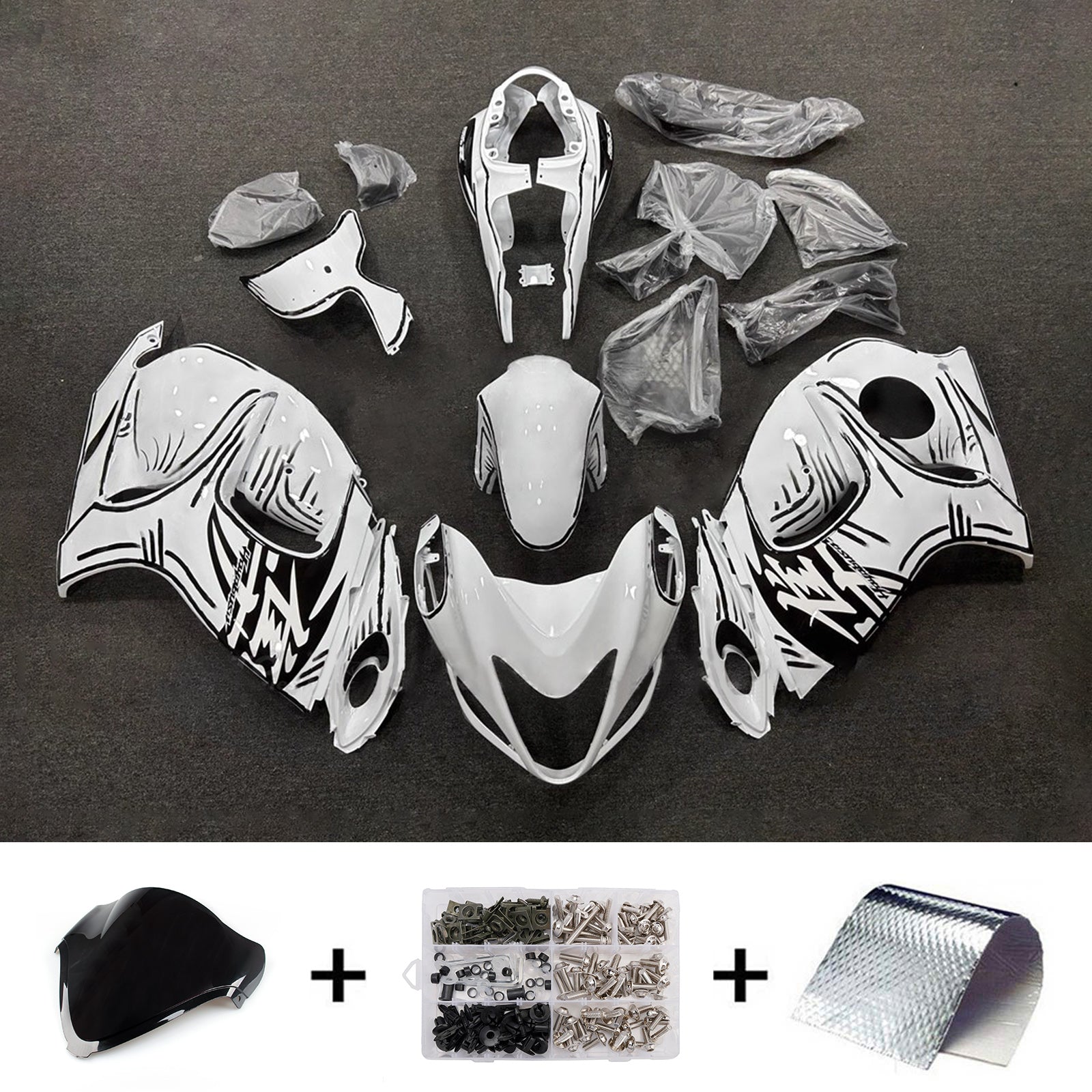 Amotopart 2008-2020 Suzuki Hayabusa GSX1300R White Black Fairing Kit
