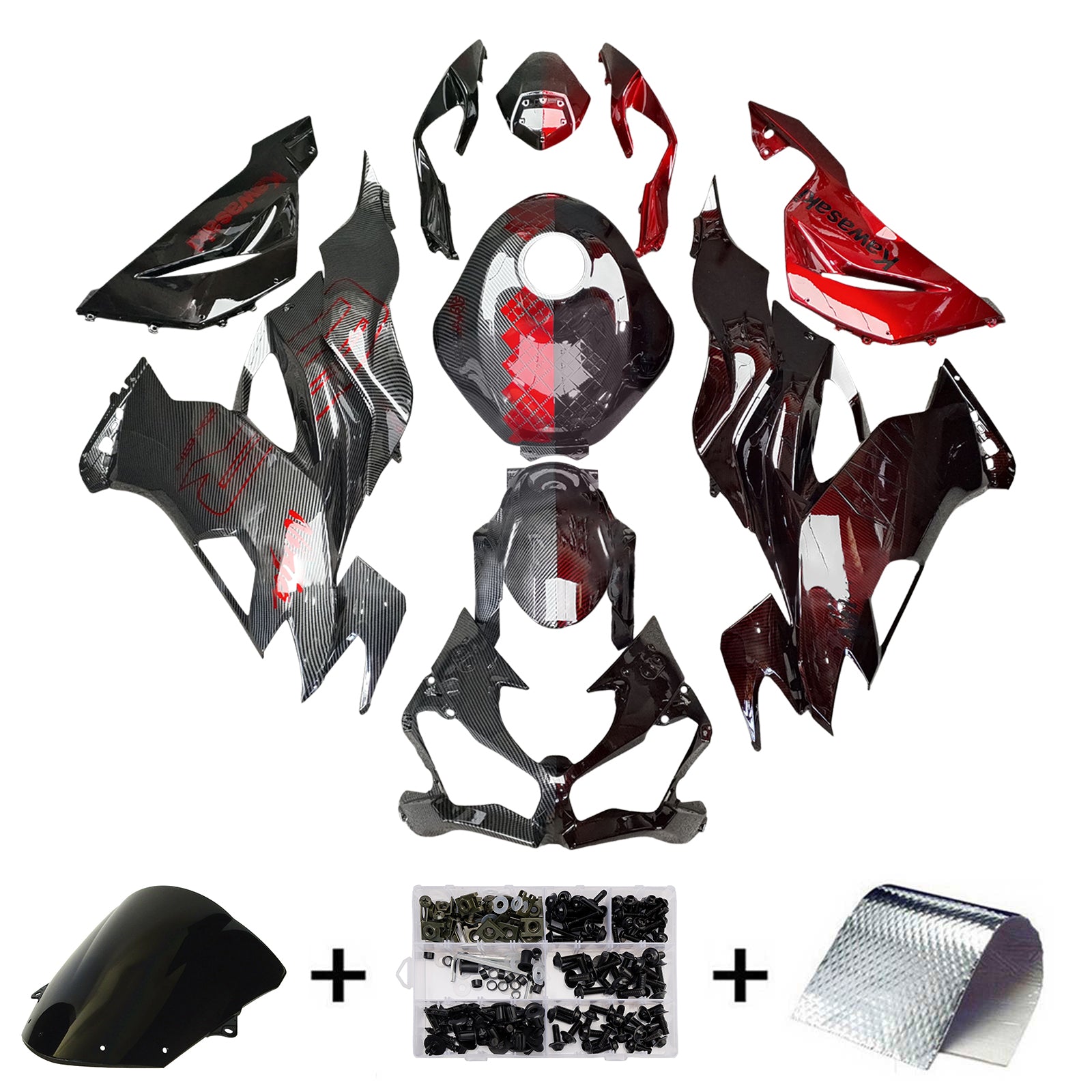 Amotopart 2019-2023 Kawasaki ZX6R Red & Carbon Fiber Pattern Fairing Kit