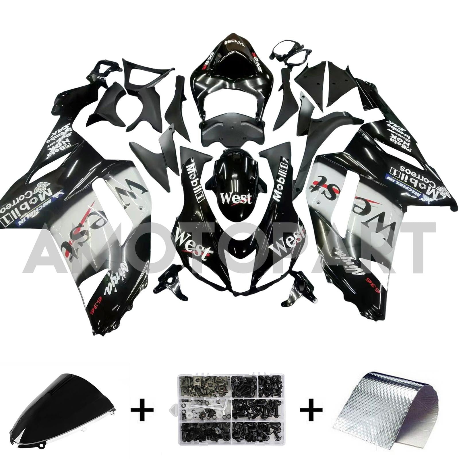 Amotopart 2007-2008 Kawasaki ZX6R 636 Black White Fairing Kit