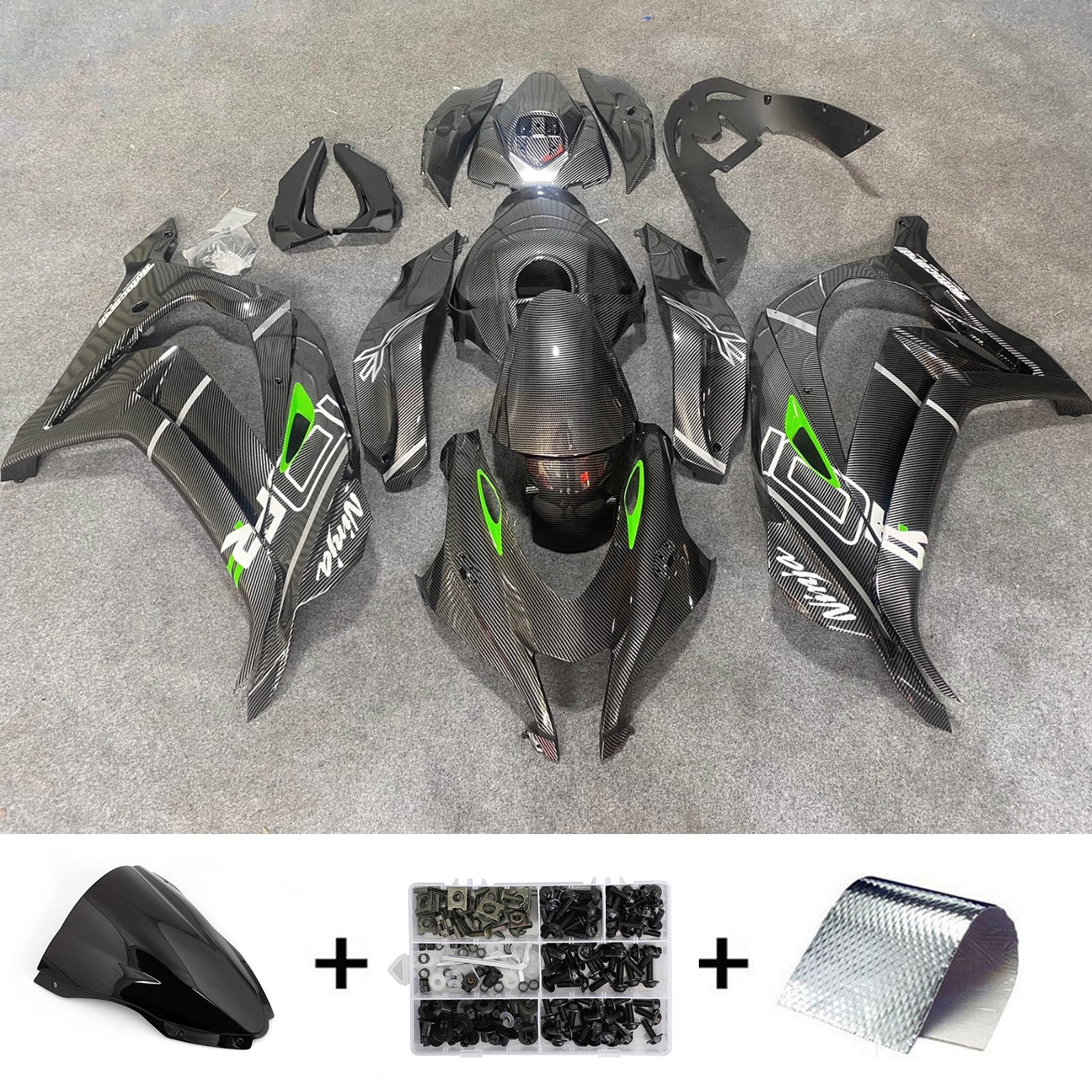 Amotopart 2016-2020 Kawasaki ZX10R Black White Green Carbon Fiber Pattern Fairing Kit