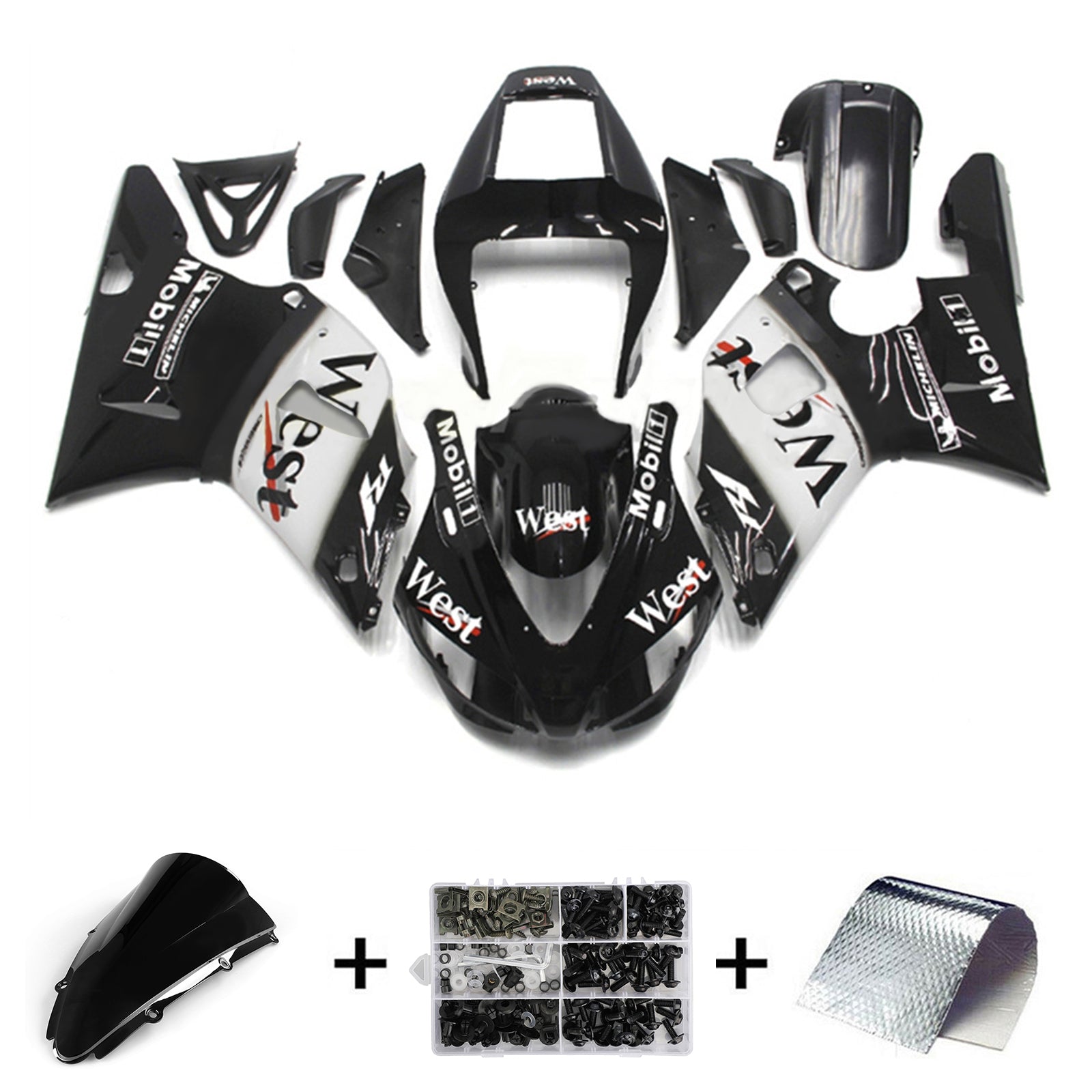 Amotopart 2000-2001 YZF 1000 R1 Yamaha Black & White Style 1 Fairing Zestaw
