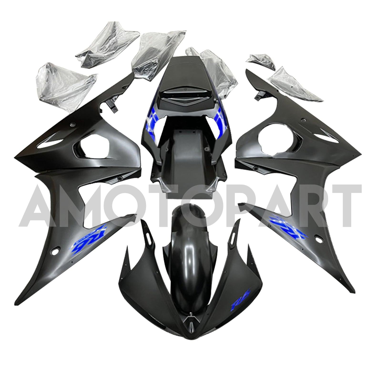 Amotopart 2005 Yamaha YZF-R6 Kit de carenado negro con logotipo azul