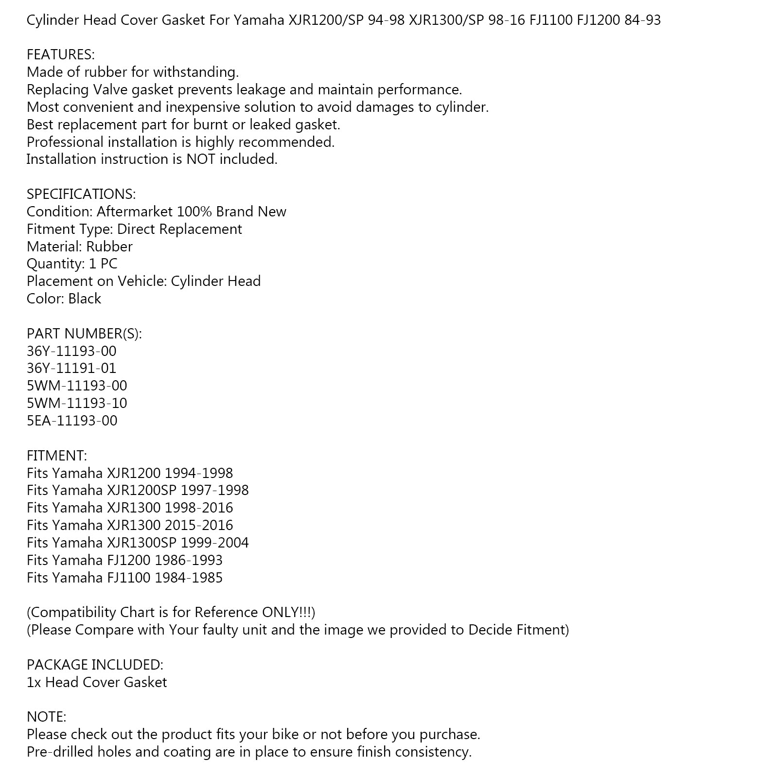 Těsnění krytu válce pro Yamaha FJ1100 FJ1200 84-93 XJR1200 XJR1300 97-16