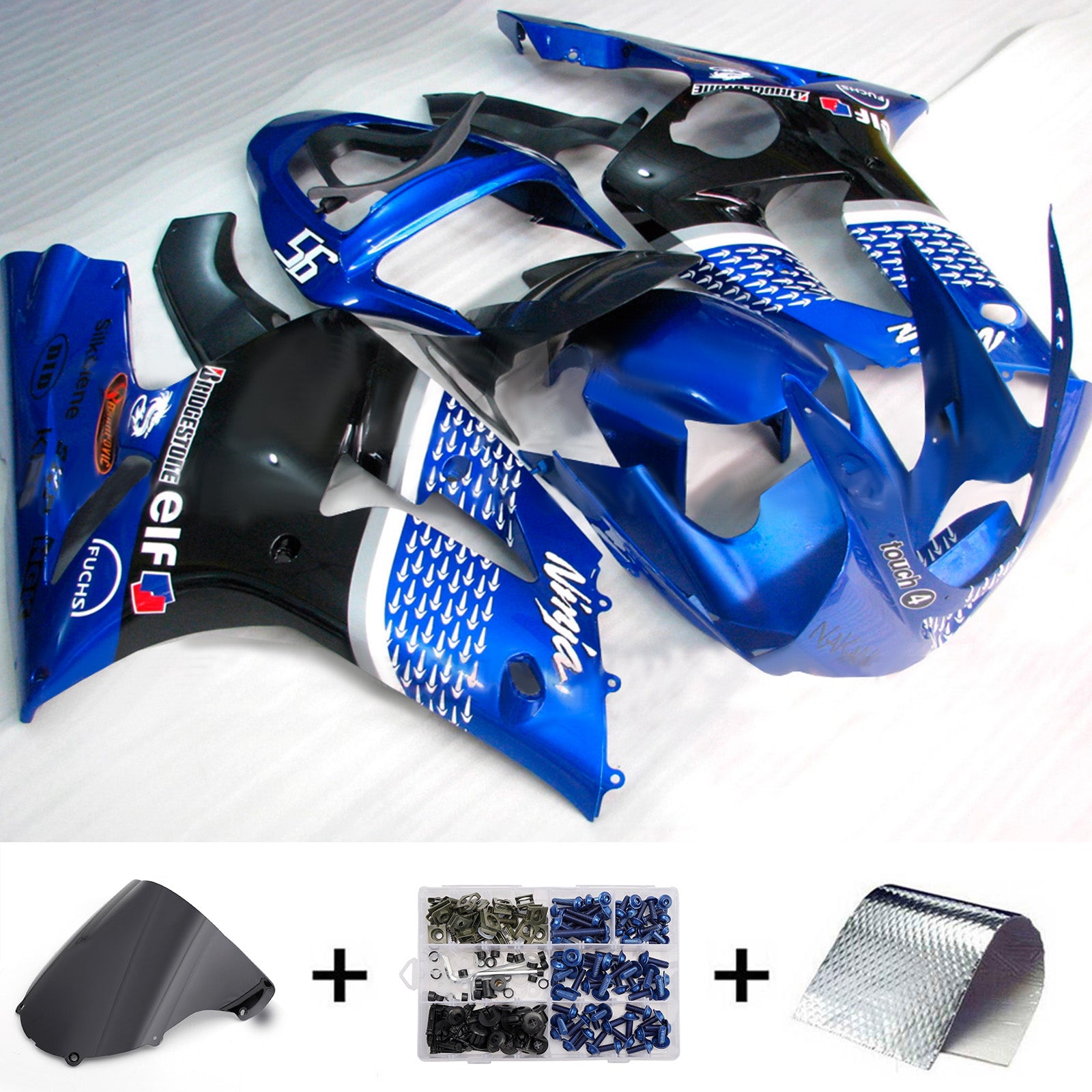 Amotopart 2003-2004 Kawasaki ZX6R 636 Blue & Black White Fairing Kit