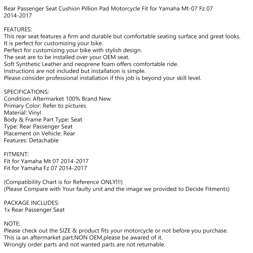 Soziussattel für den hinteren Beifahrersitz, passend für Yamaha Mt-07 Mt 07 Fz 07 2014–2017