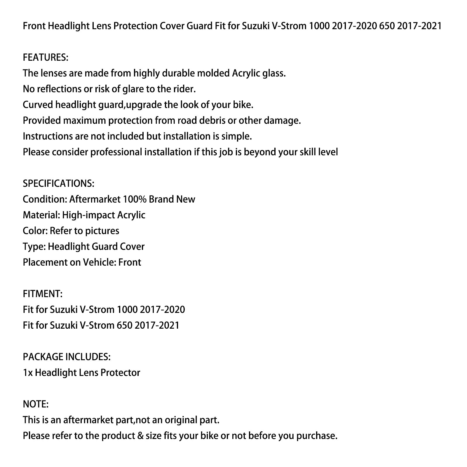 Forlygte linsebeskyttelsesbeskyttelsespasning til Suzuki V-Strom 1000 17-20 650 17-21 Røg Generisk