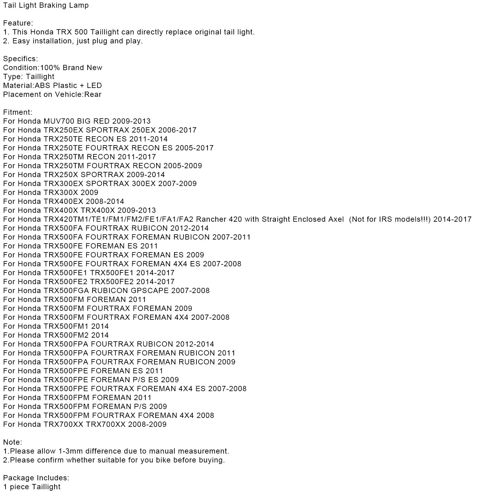 Lampa hamulca światła ogona dla Honda TRX 250 300 400EX TRX400X 500 700 Ogólne