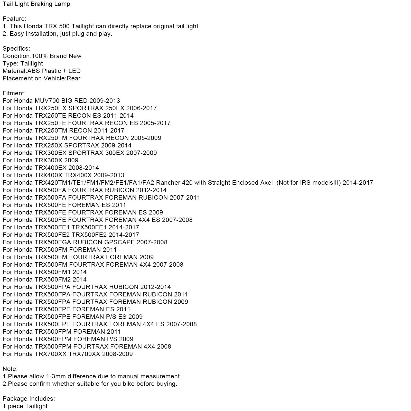 Lampa hamulca światła ogona dla Honda TRX 250 300 400EX TRX400X 500 700 Ogólne