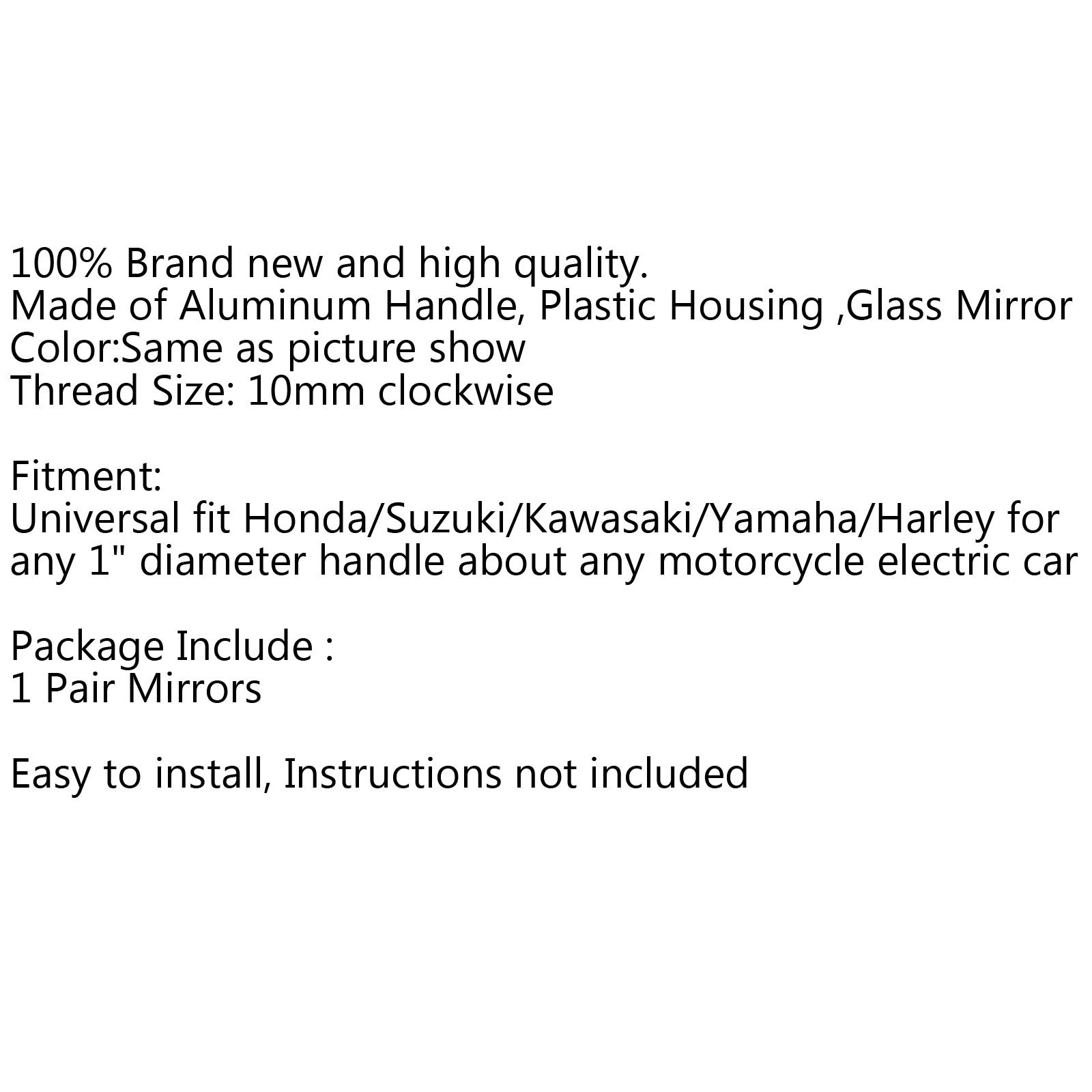 Motorcykel 10 mm sort bagfra -synspejle til Honda Suzuki Kawasaki Generic