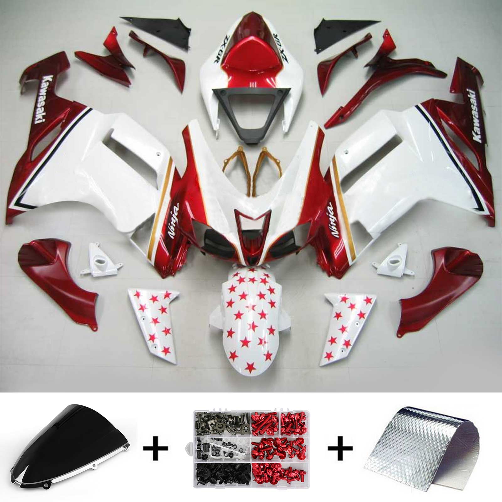 Amotopart Kawasaki 2007-2008 ZX6R 636 BRANCO COM RED STAR STAR MAISTING KIT