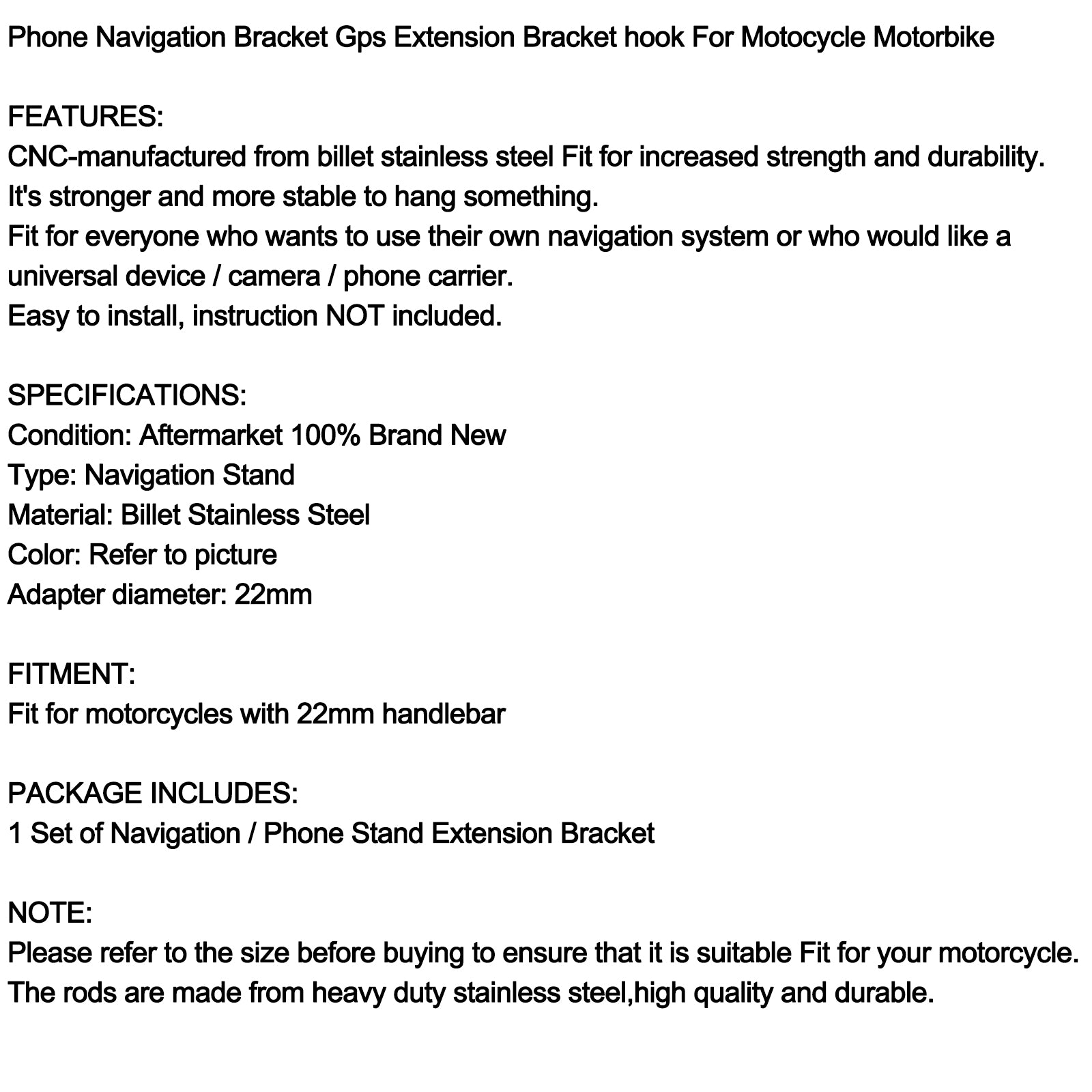 Bracket de extensão GPS Telefone Navi Bracket Hook Universal for Motorcycle Motorbike genérico
