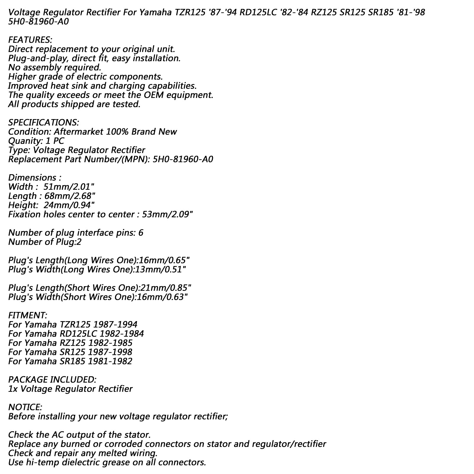 Spanningsgelijk gelijkrichter regulator voor Yamaha Exciter 185 SR185 TZR/RZ/SR125 RD125LC Generiek
