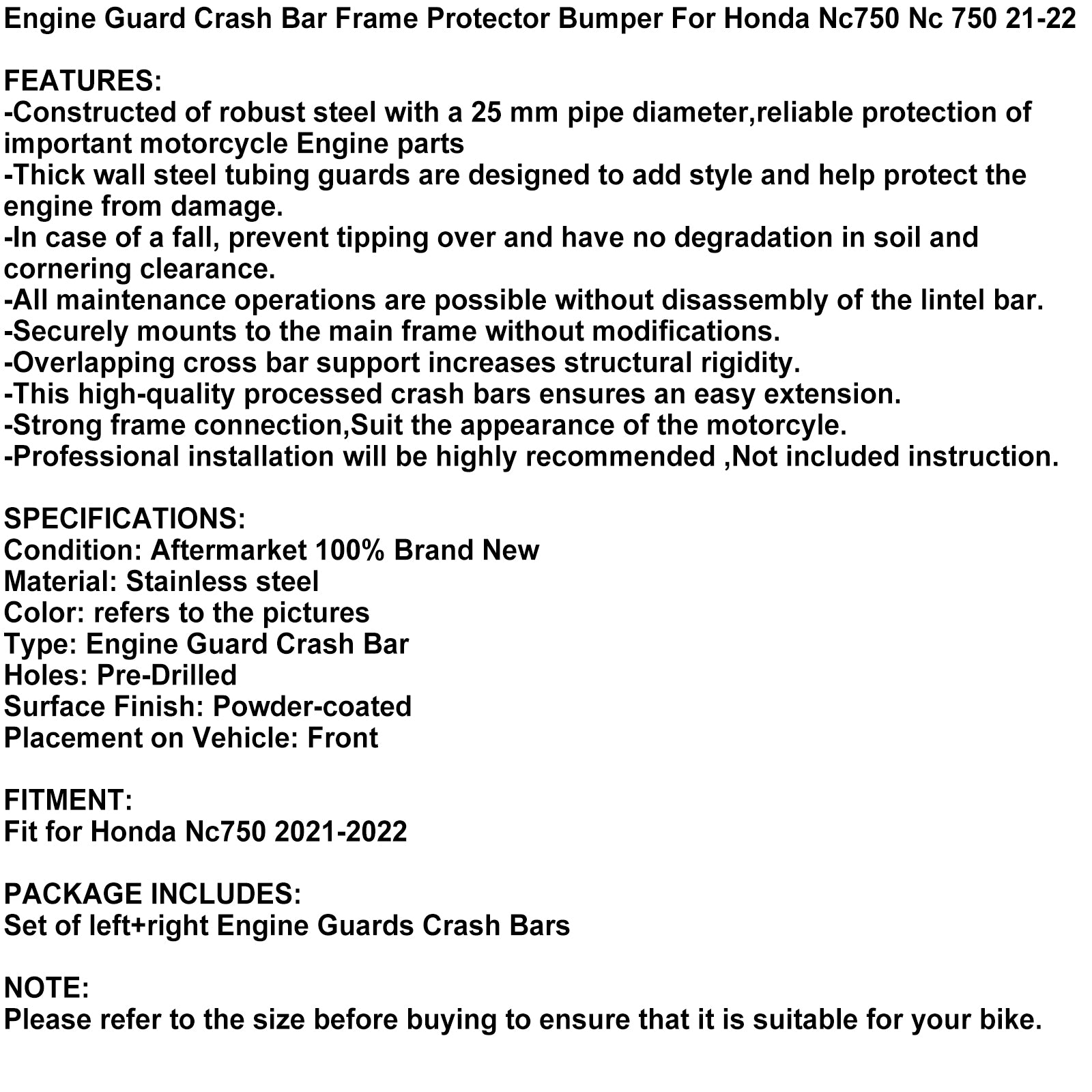Motor Guard Crash Bar Frame Protector Bumper For Honda NC750 NC 750 21-22 Generisk
