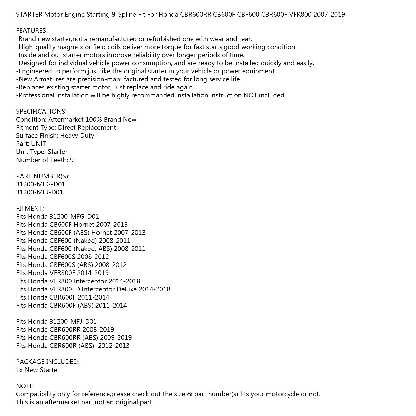 Nieuwe starter voor Honda CB600F CBF600 CBF600S CBR600F CBR600RR VFR800 2007-2019 Generieke FedEx Express verzending