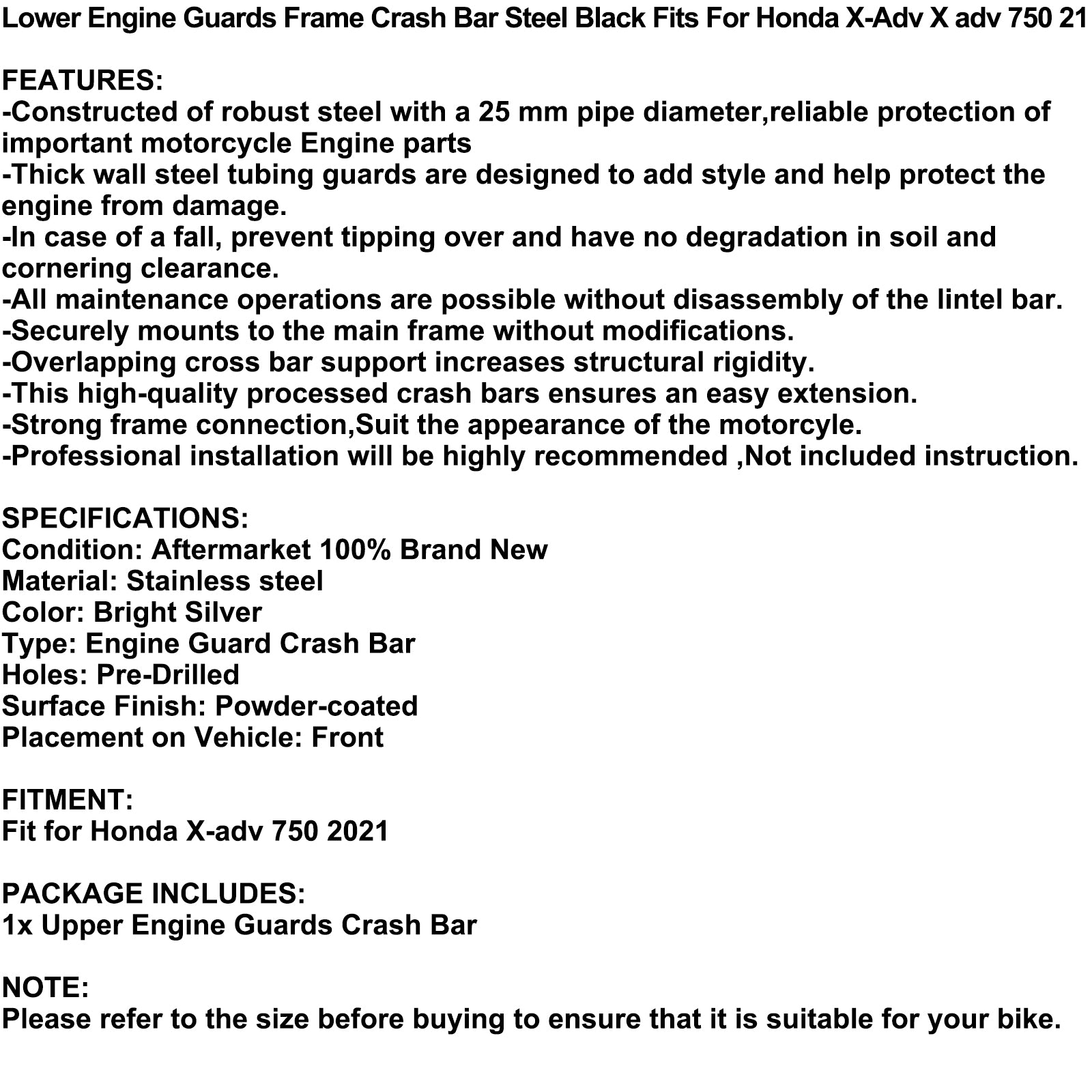 Crash Bar Lower Engine Guard Steel Frame Silver Fit til Honda X-Adv X Adv 750 21 Generisk