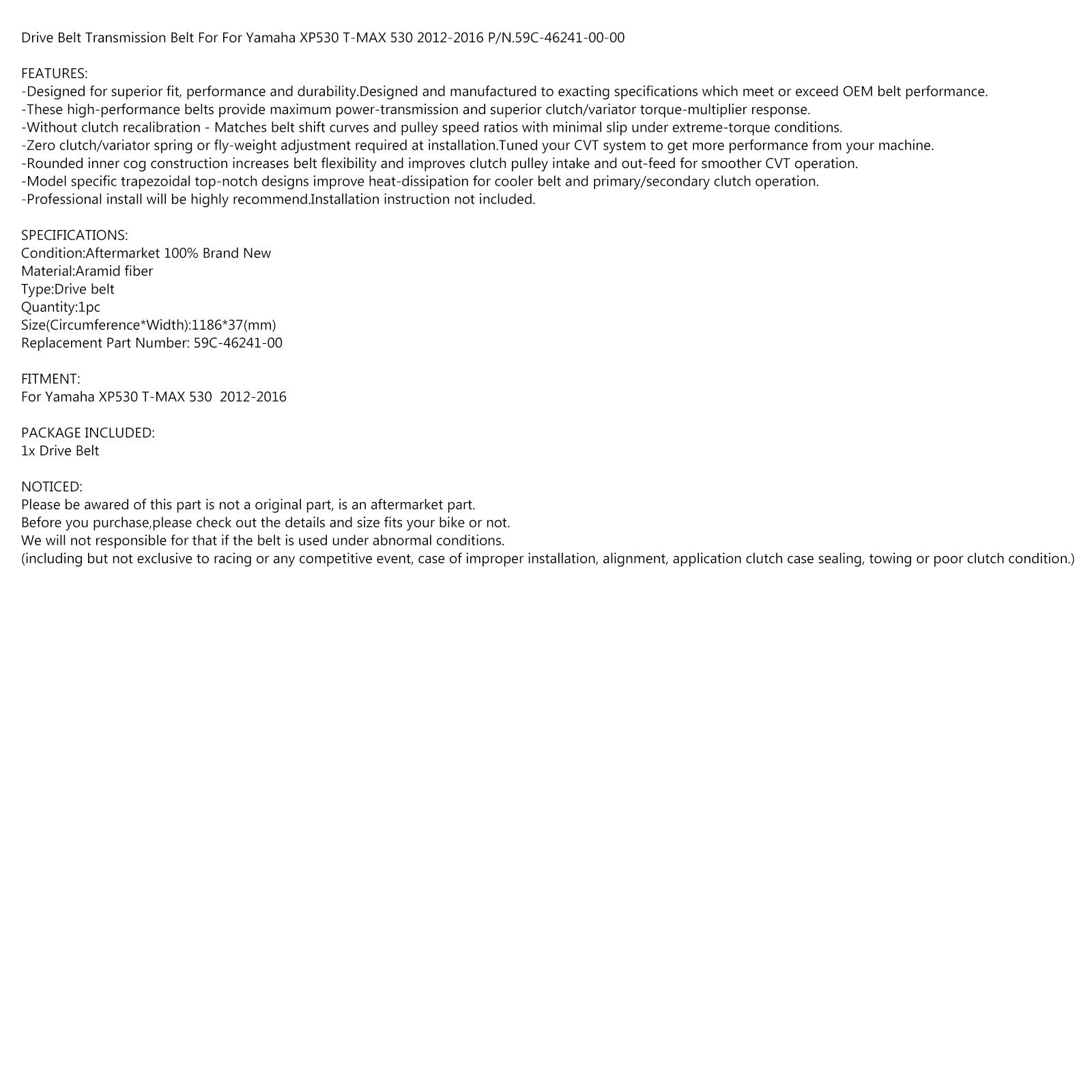 Eksternt sluttoverføringsbelte for Yamaha XP530 T-MAX 530 12-16 59C-46241-00
