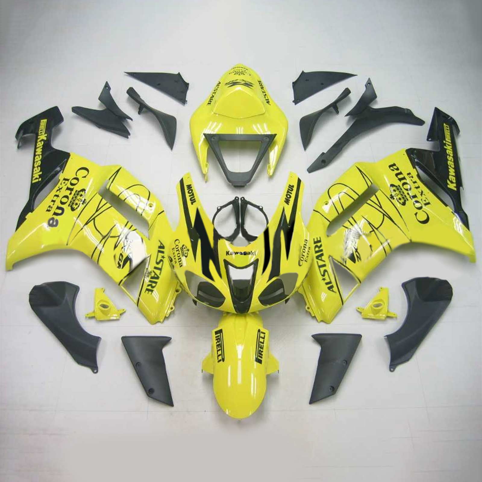 AMOTOPART KAWASAKI 2007-2008 ZX6R 636 GUL med Black Line Fairing Kit