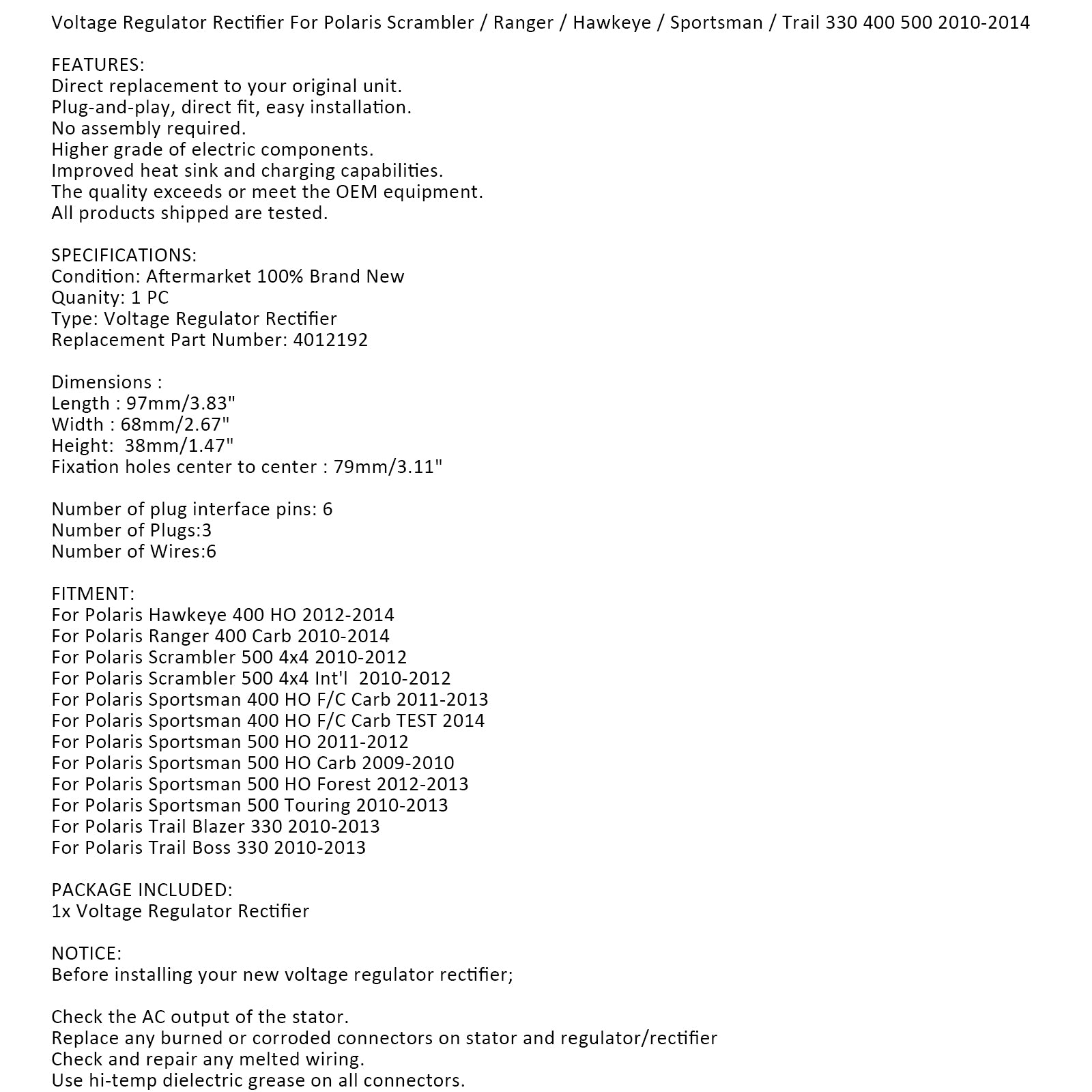 Spanningsgelijk gelijkrichter voor Polaris Sportsman 400 500 Scrambler ATV 4012192