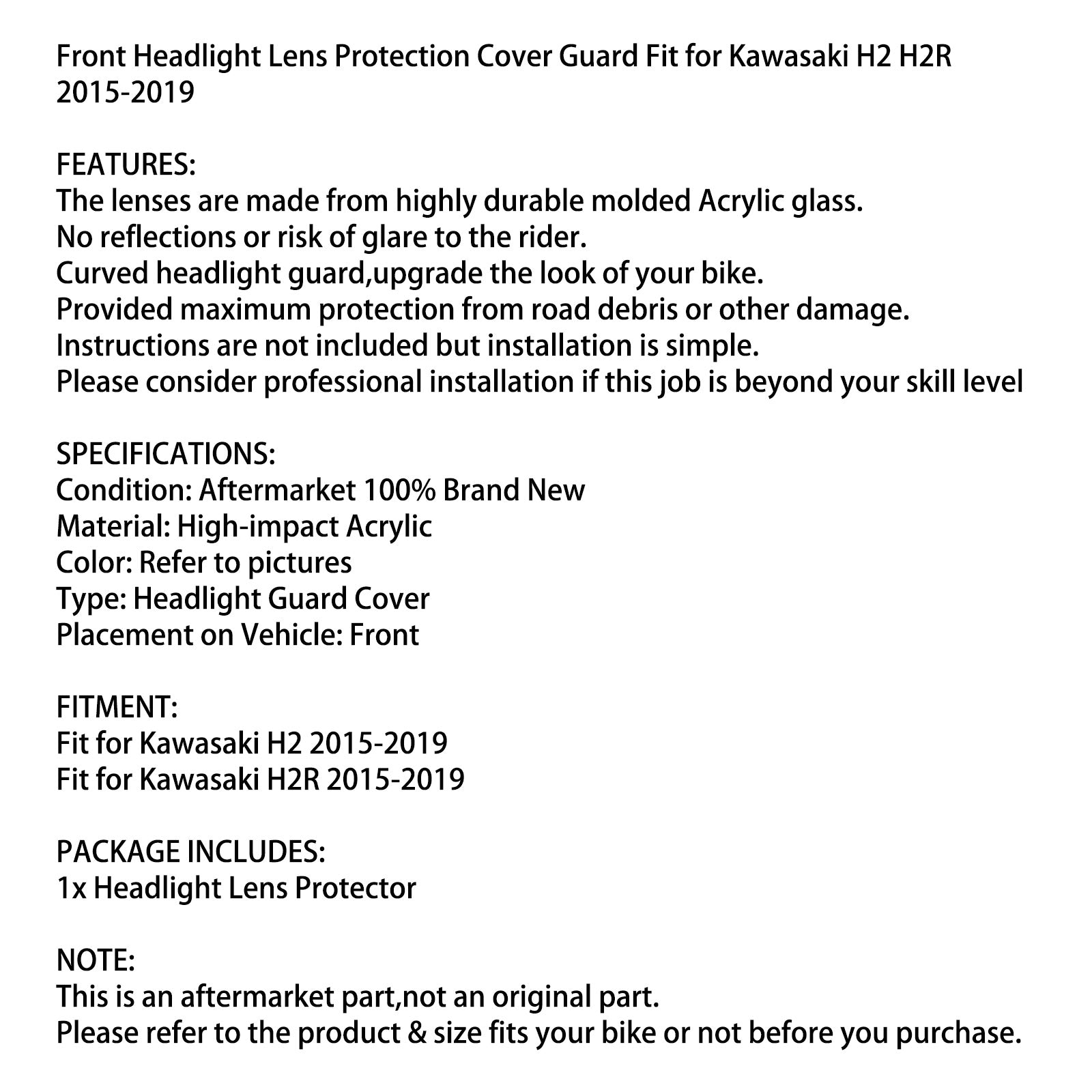 Cubierta de protección de lente de faro delantero para Kawasaki H2 H2R 2015-2019 Smoke Generic