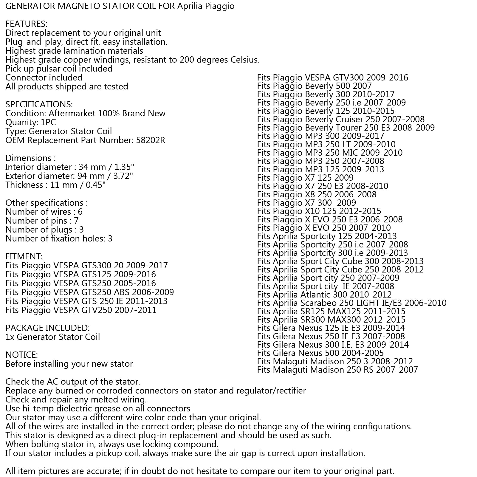 Stator Coil se hodí k Piaggio Vespa GTS 125 250 300 GTV 250 300 2005-2016 #.58202R