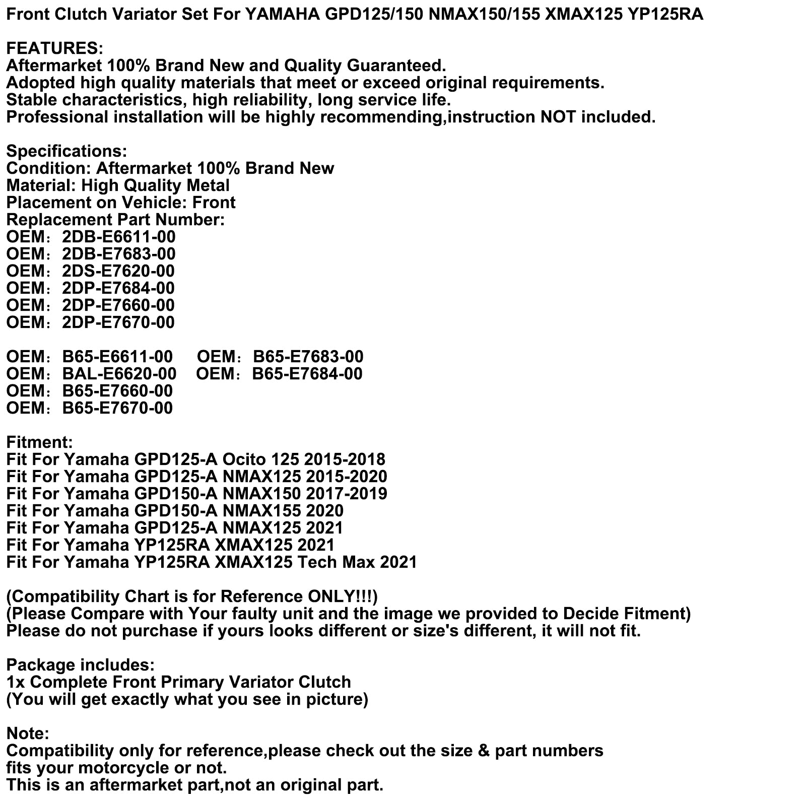 Variador de embreagem frontal de corrida de desempenho para Yamaha GPD NMAX XMAX YP 125 150