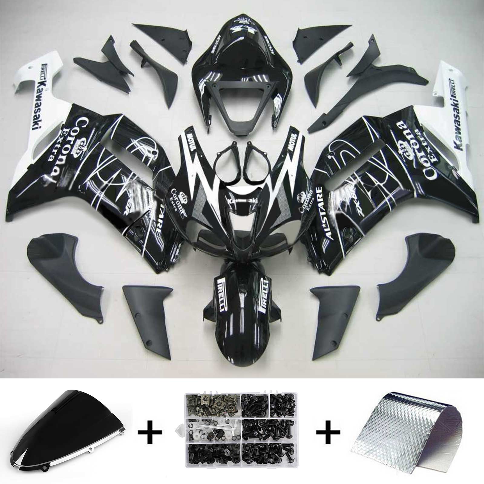 Amotopart Kawasaki 2007–2008 ZX6R 636 Schwarz mit White Line Verkleidungsset