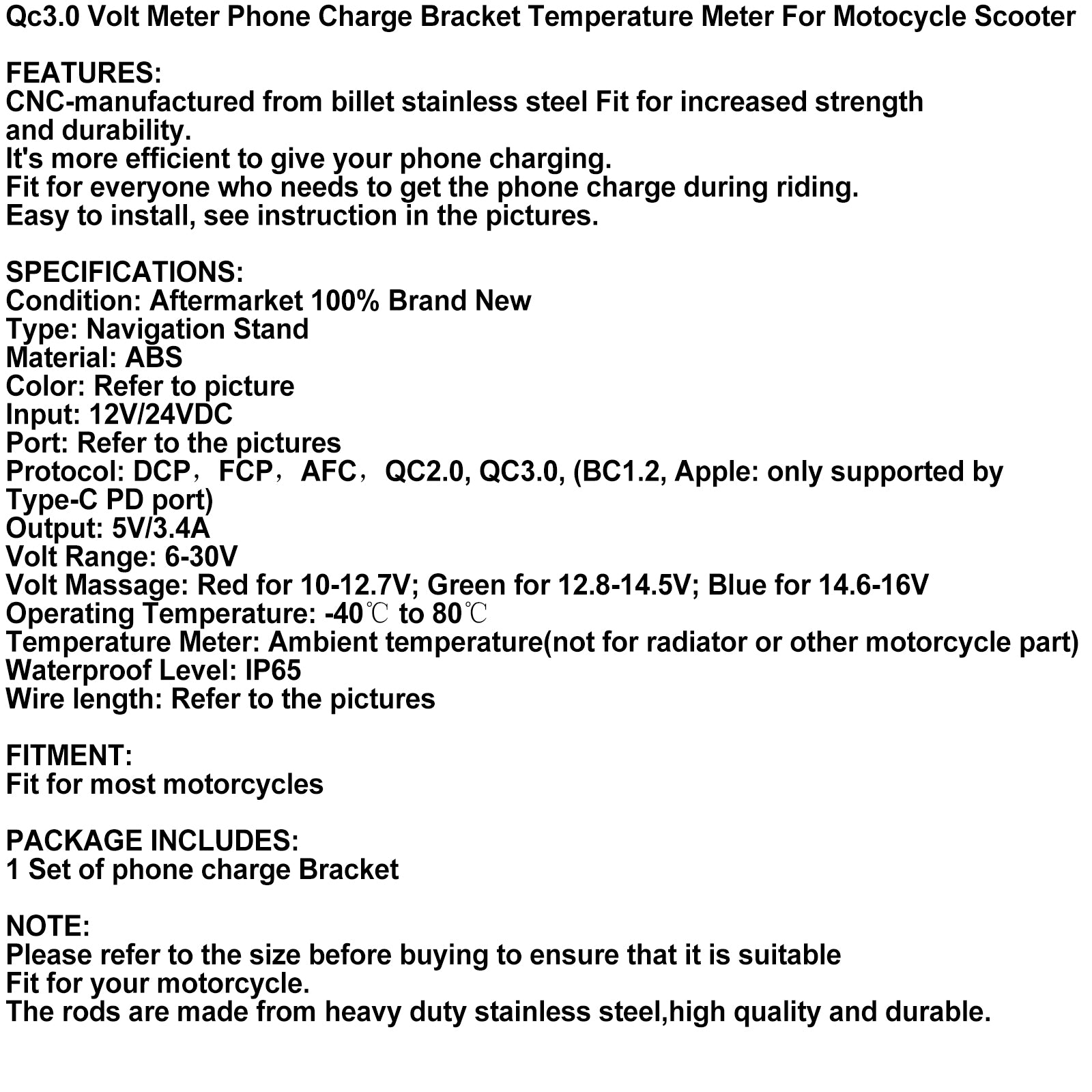 QC3.0 volt meter telefonoplader Bracket temperaturmåler til motorcykel scooter sort generisk