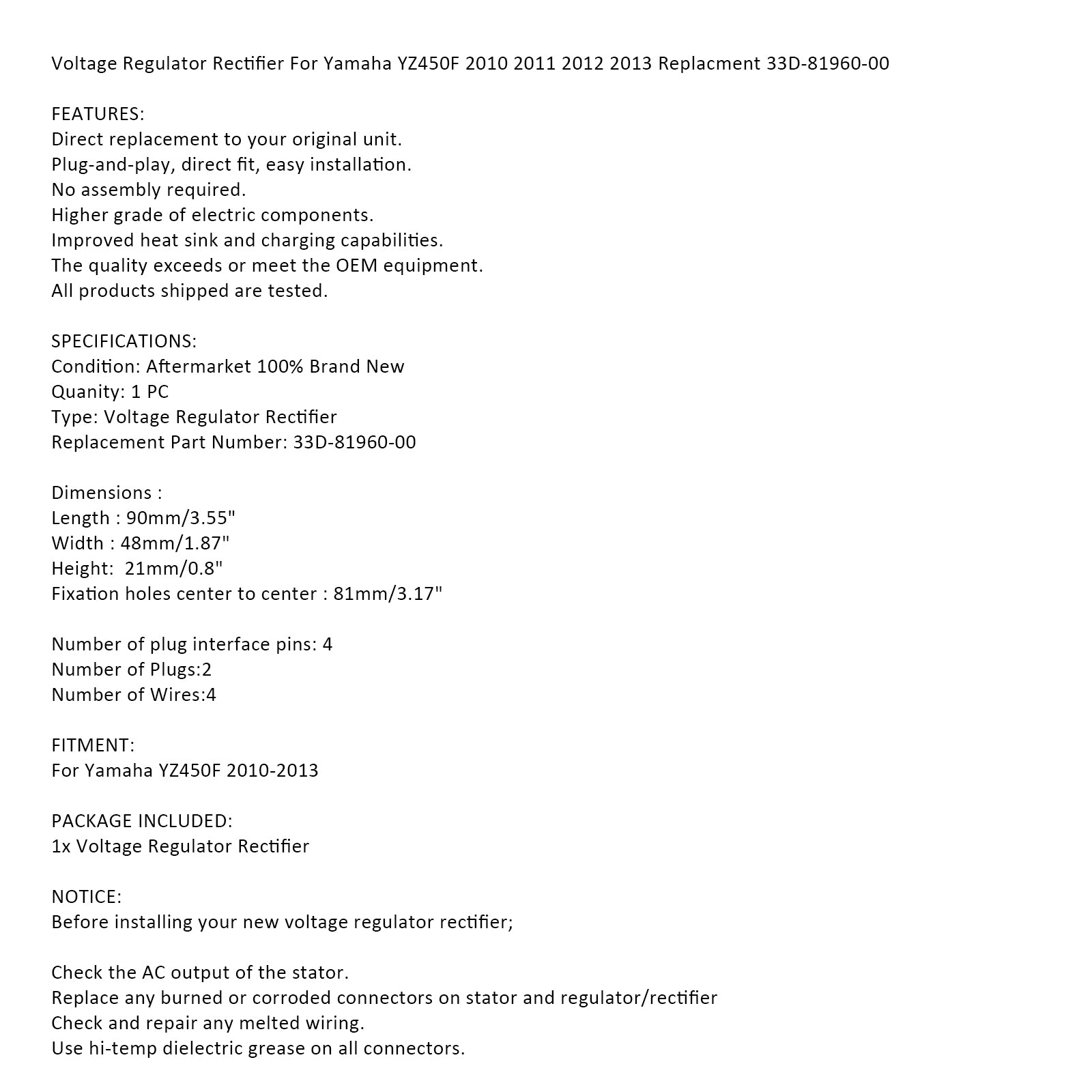 Regulador de retificador de tensão para Yamaha YZ450F 2010-2013 Repl.# 33D-81960-00-00