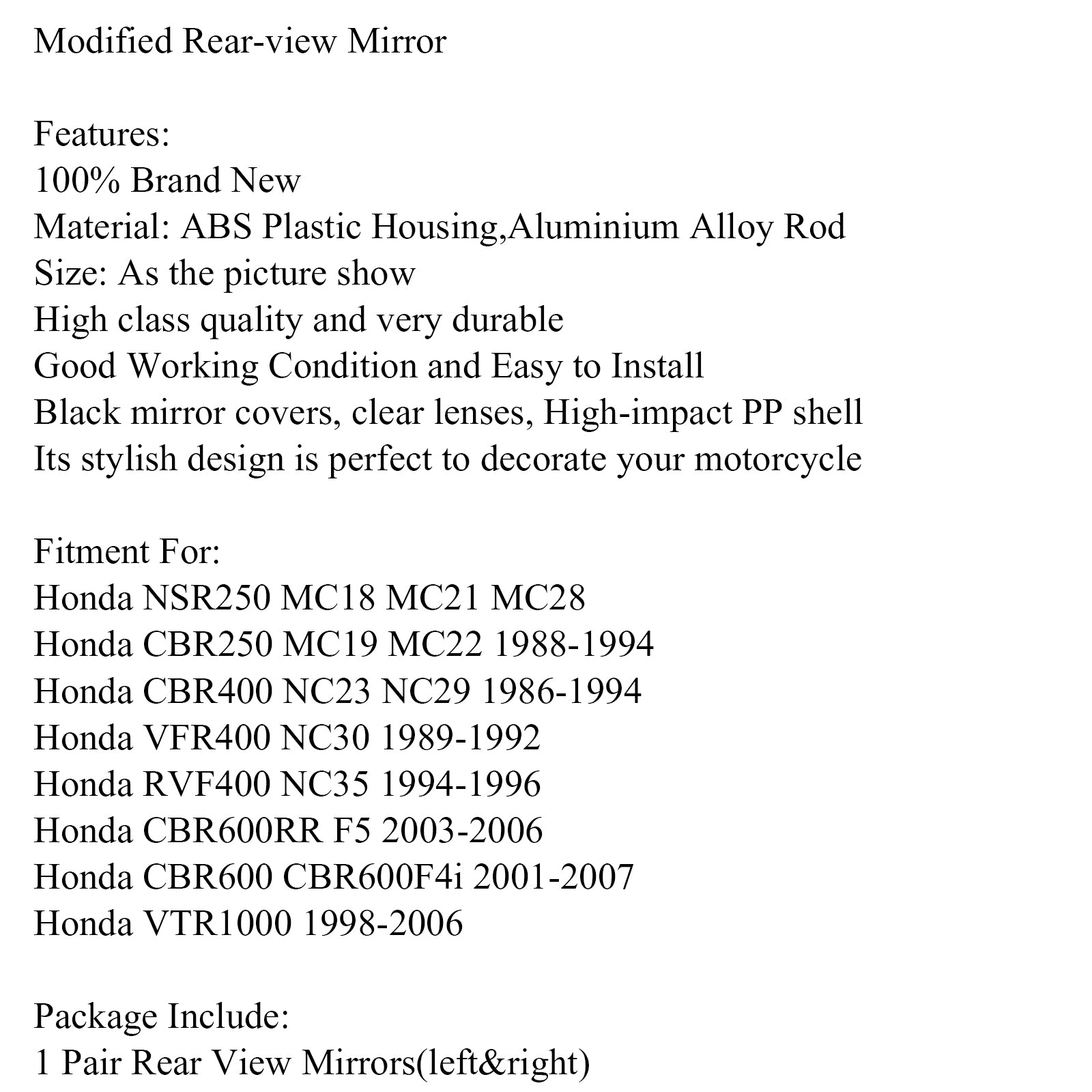 Pair Motorcycle Rearview Mirror For Honda CBR250 NSR250 88-94 CBR400 87-94 Generic