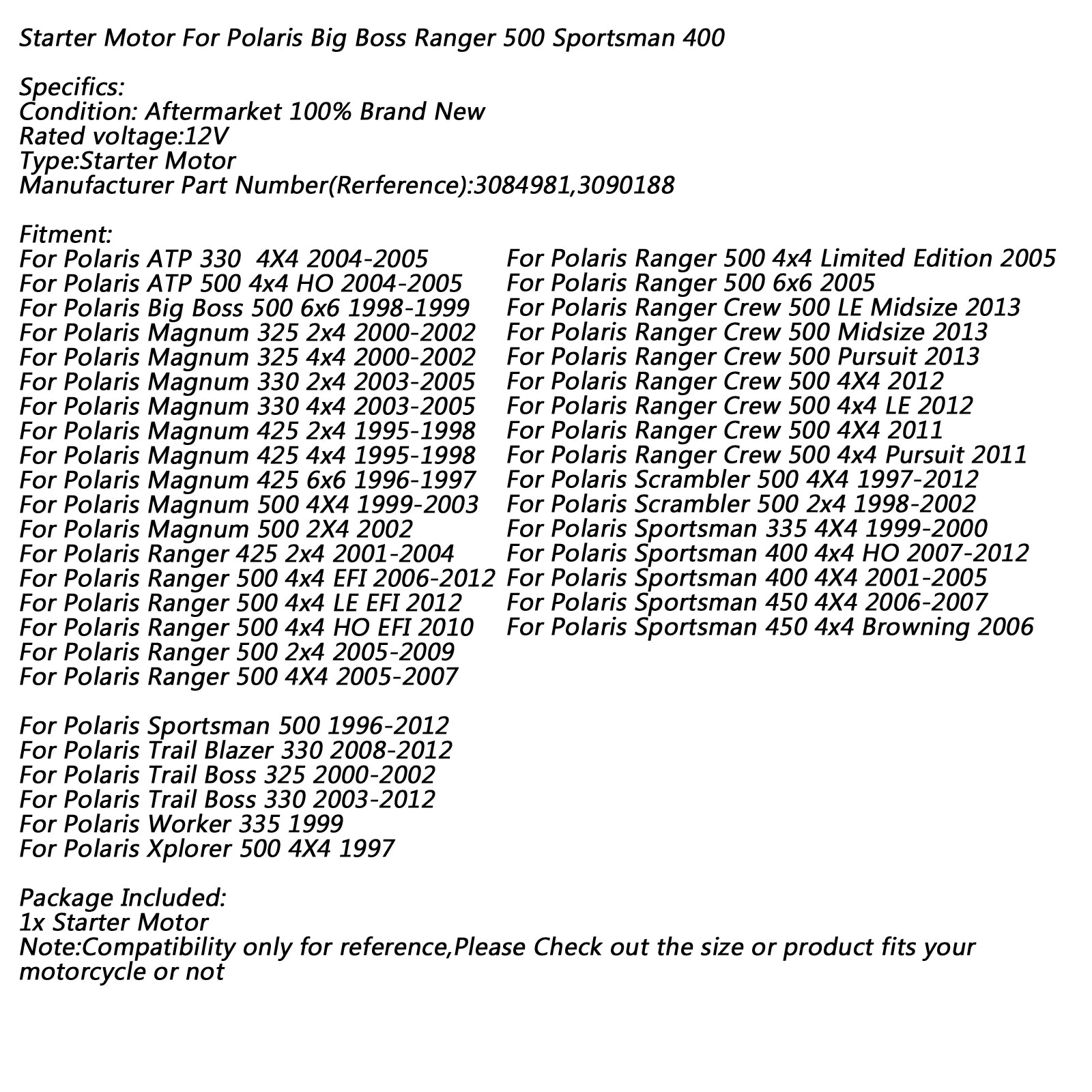 Electric Starter Motor for Polaris Magnum 325 Ranger 500 425 Sportsman 3084981