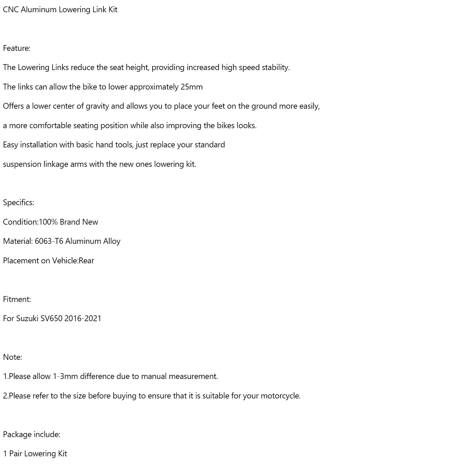 CNC Aluminum Lowering Link Kit 25mm For Suzuki SV650 2016-2021